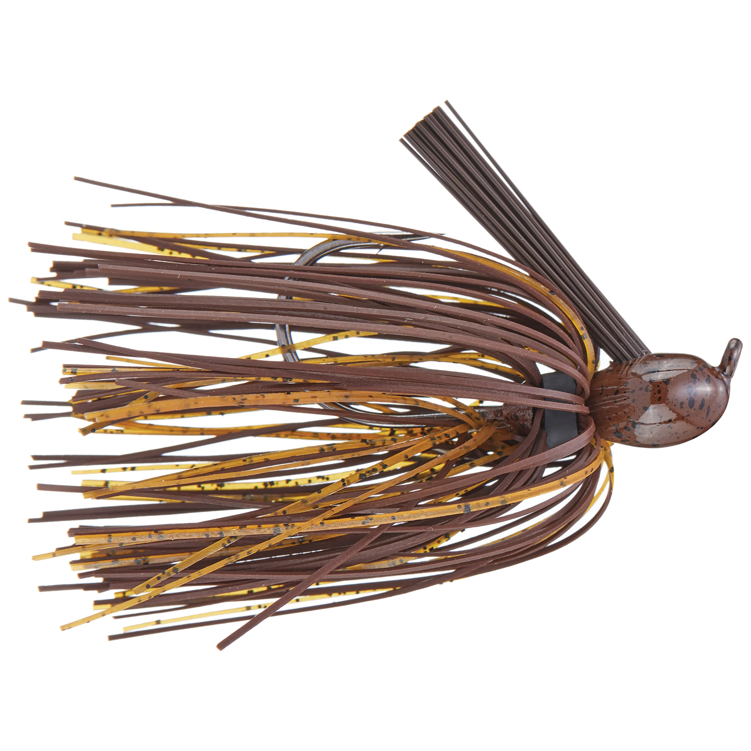 Close-up of a Dirty Jigs Matt Herren Flippin' Jig featuring a detailed brown and yellow skirt with a weighted head and sharp hook, designed for fishing tackle use.