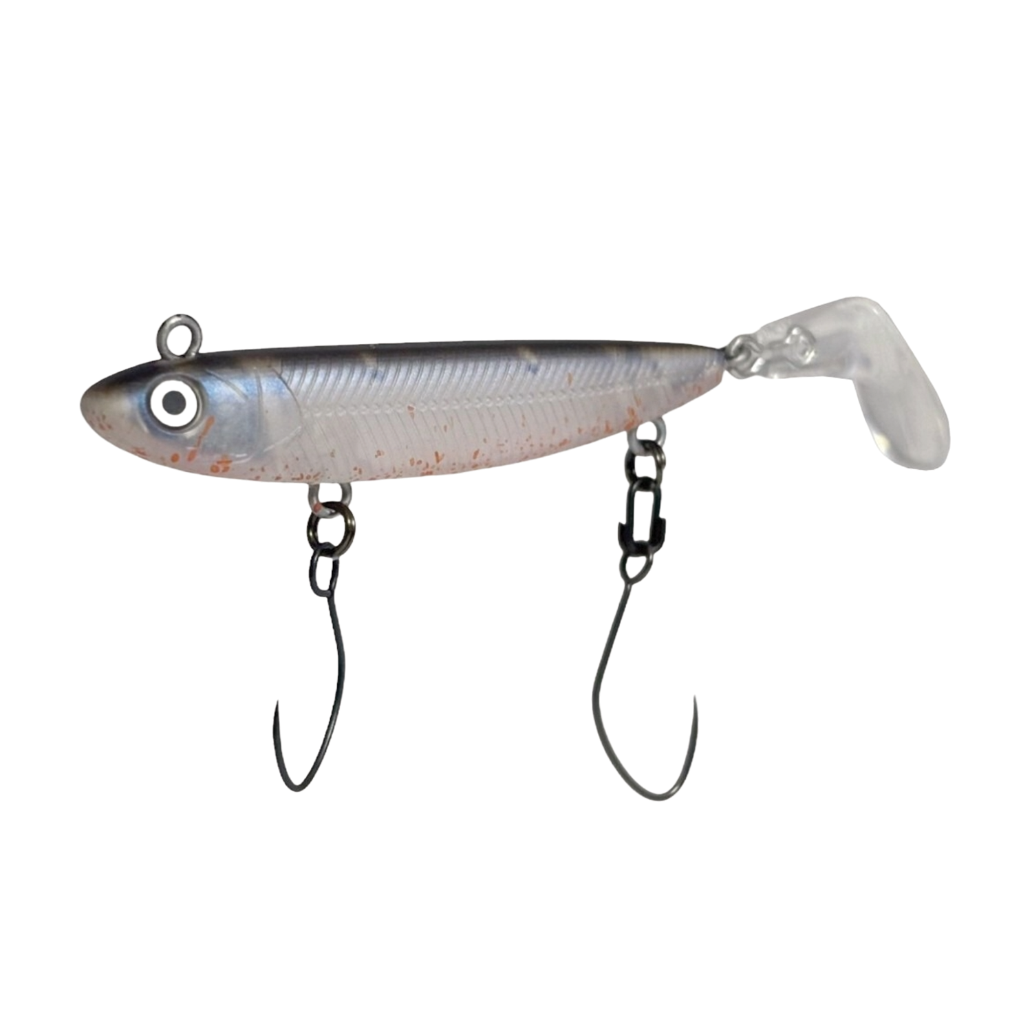 HMKL i-Bull 45 Area Ver. fishing lure featuring a sleek, metallic body with two sharp hooks and a clear, angled tail designed for realistic movement in water.