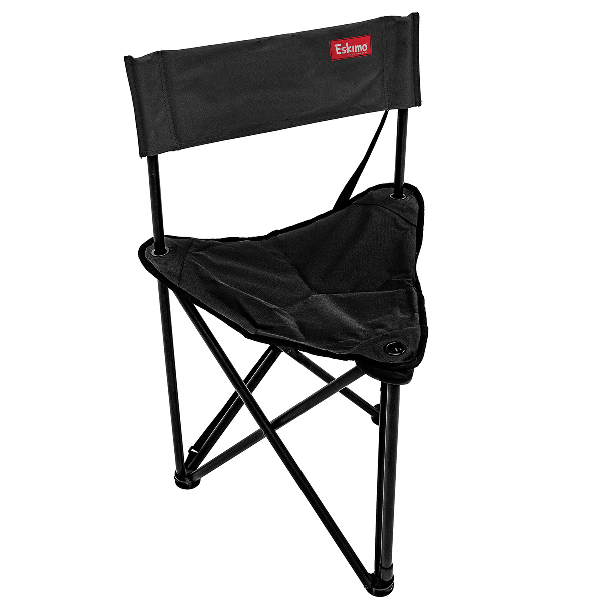 Eskimo XL Aluminum Folding Tripod Chair in black, featuring a durable aluminum frame with a triangular fabric seat and backrest, designed for portable outdoor fishing comfort.