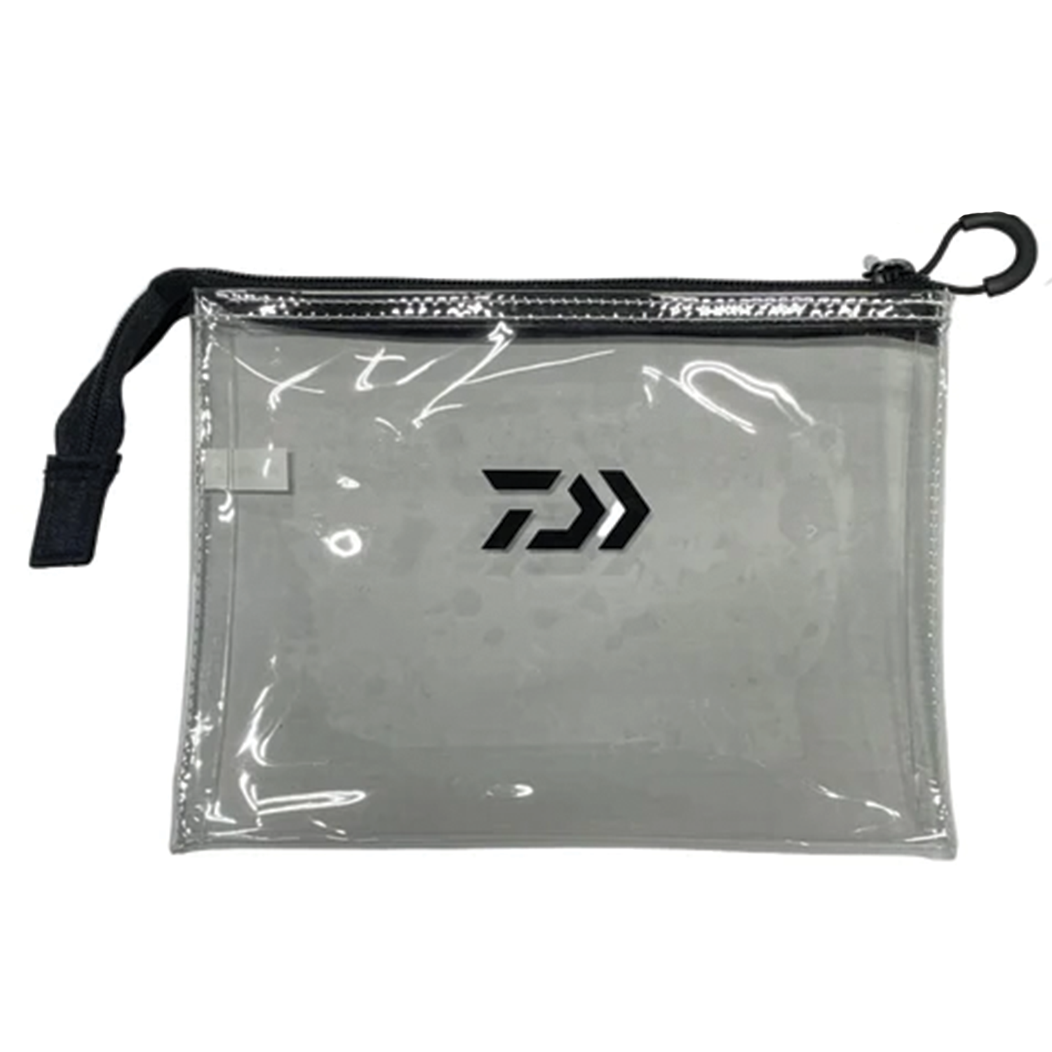 Daiwa D-Vec Tactical View Zip Bag transparent fishing tackle pouch with black zipper closure and wrist strap for organizing small fishing gear