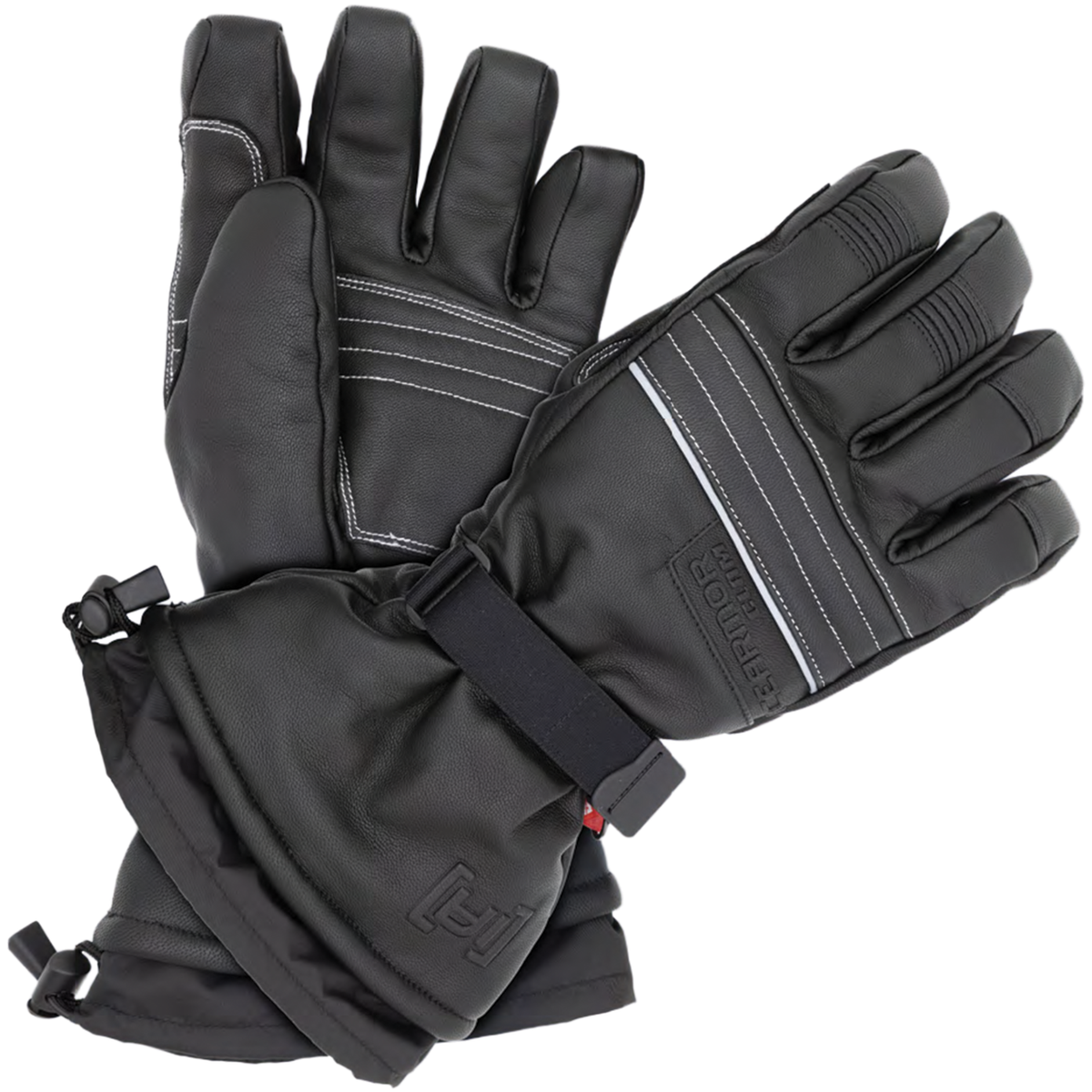 Pair of black Clam Ice Armor Renegade Leather Gloves featuring padded knuckles, reinforced stitching, adjustable wrist straps, and extended cuffs for cold-weather fishing protection.