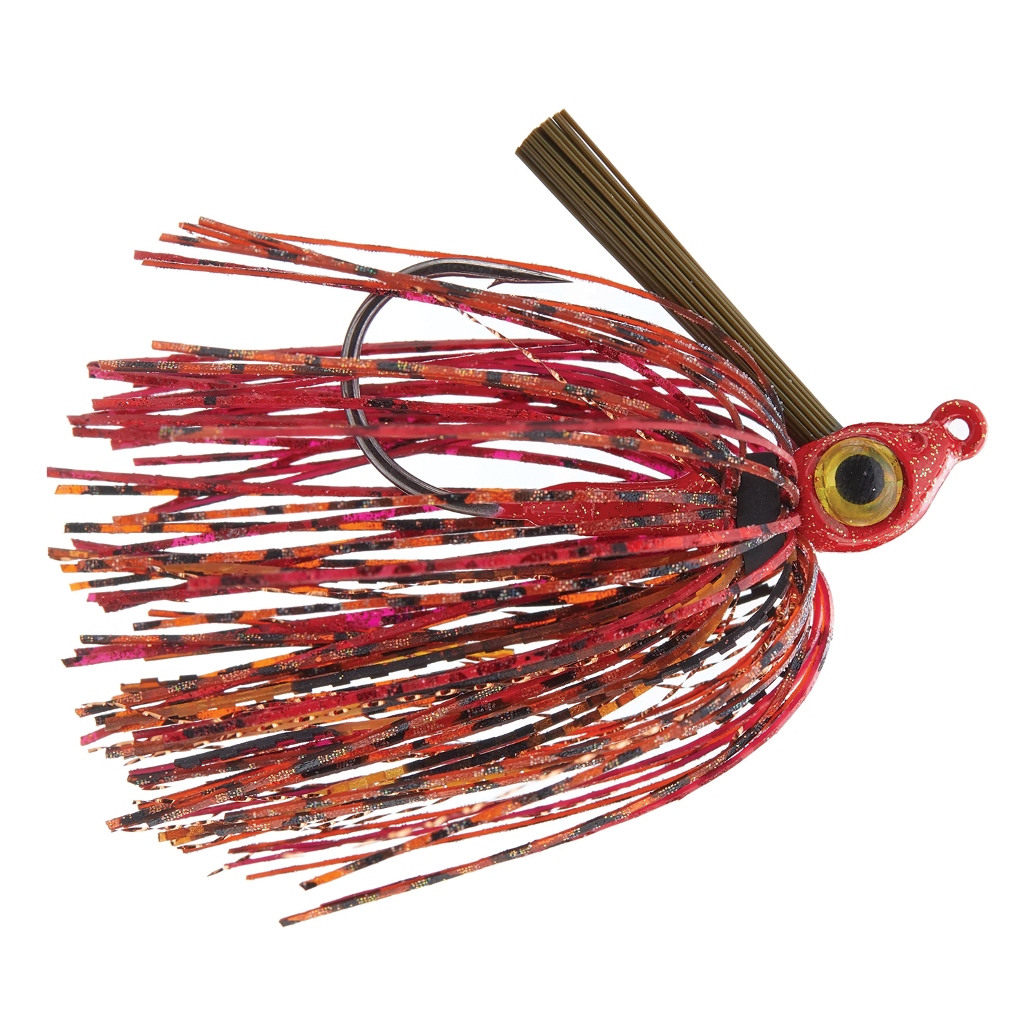 Beast Coast Working Man's Swim Jig with a red and black speckled head, large yellow eye detail, single hook, and skirt featuring strands of red, black, and orange designed for fishing tackle.