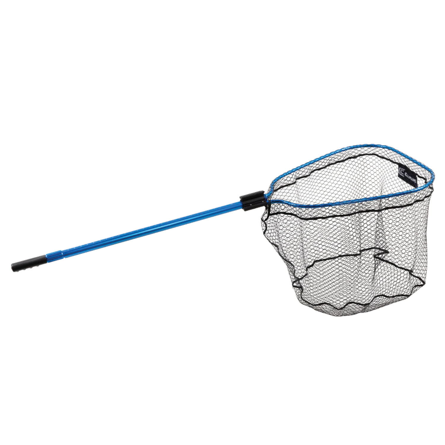 Clam CPT Fortis 195 Net featuring a blue lightweight metal handle and deep, black mesh net ideal for fishing and handling caught fish securely.