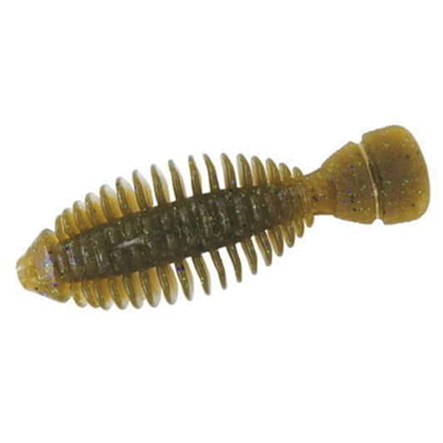 Soft plastic fishing lure in green and brown tones with ribbed body and paddle tail designed for use with BottomUp Gimmy fishing tackle.