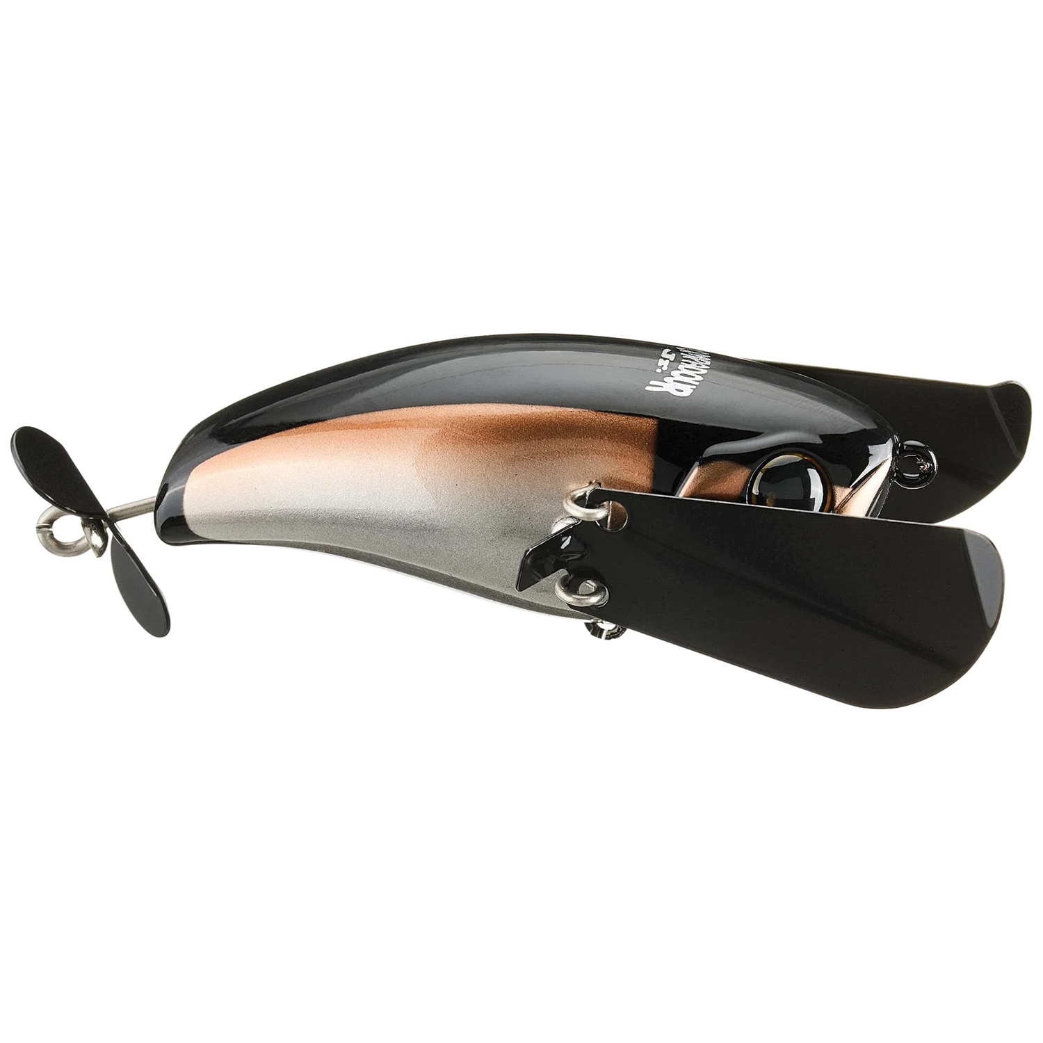 Jackall Pompadour fishing lure with a sleek black and copper finish, featuring a propeller tail and dual wing design for enhanced water action.
