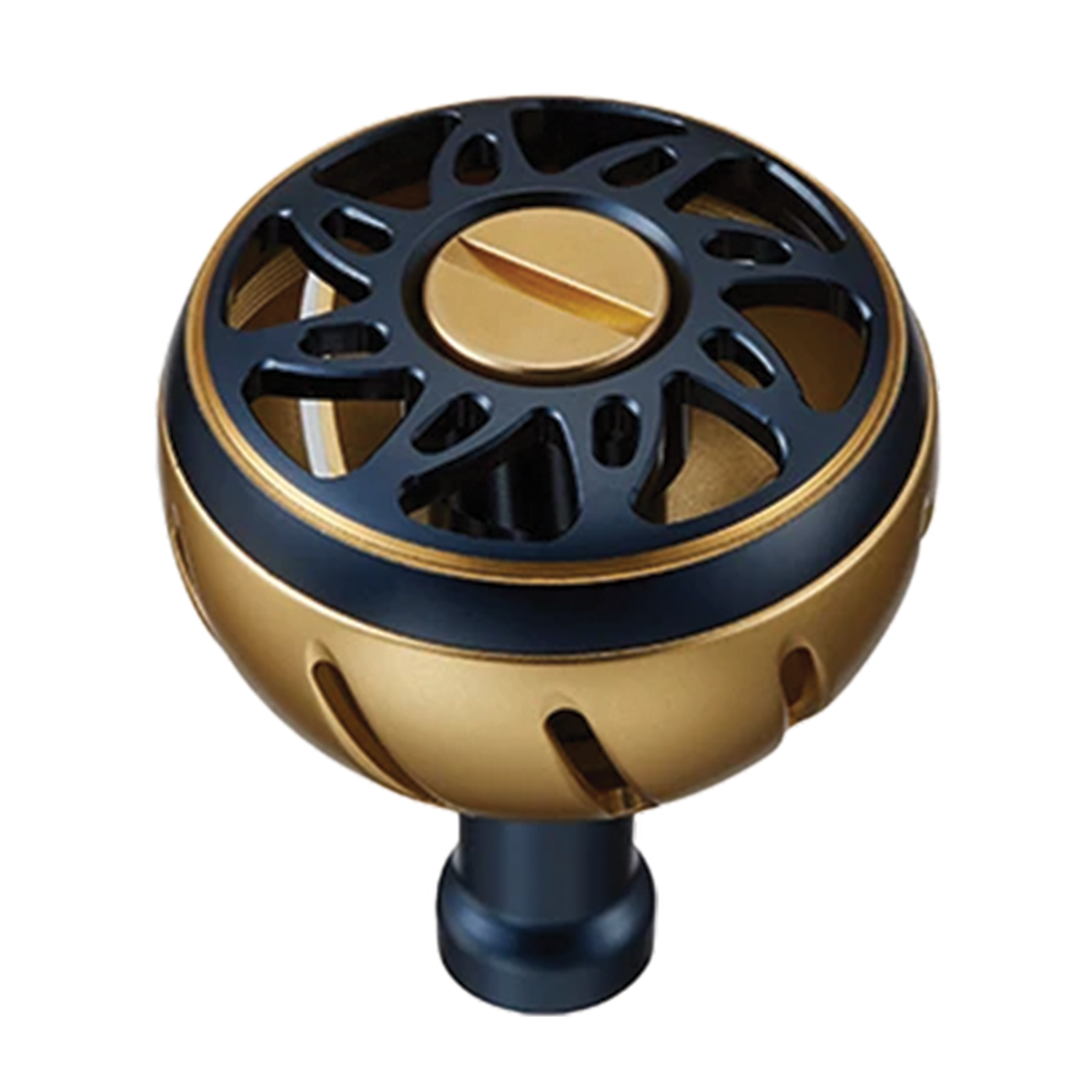 Daiwa SLP Works Ark Knobs black and gold fishing reel handle knob with vented top and cylindrical mounting stem