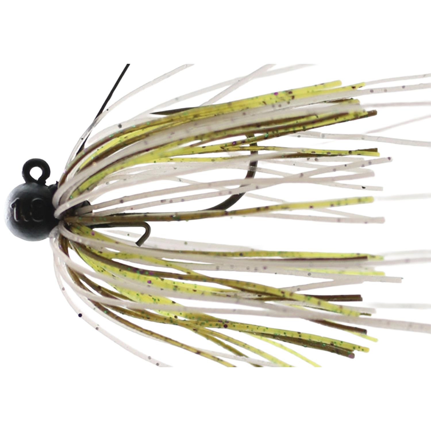 Issei Bibibi Shot fishing lure with a black weighted head and skirt strands in yellow, olive green, and white, designed for musky and freshwater fishing tackle.