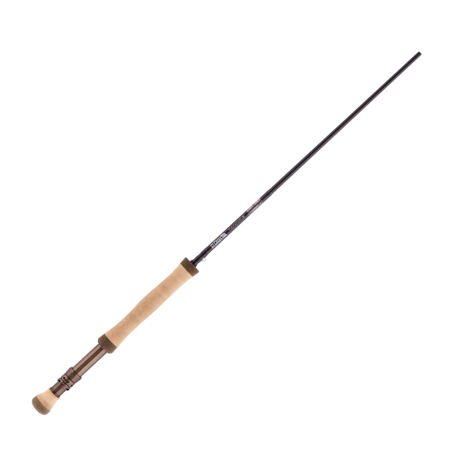 St. Croix Tannic Bass Fly Rod with a sleek black rod blank and natural cork handle, designed for precision and durability in bass fly fishing.
