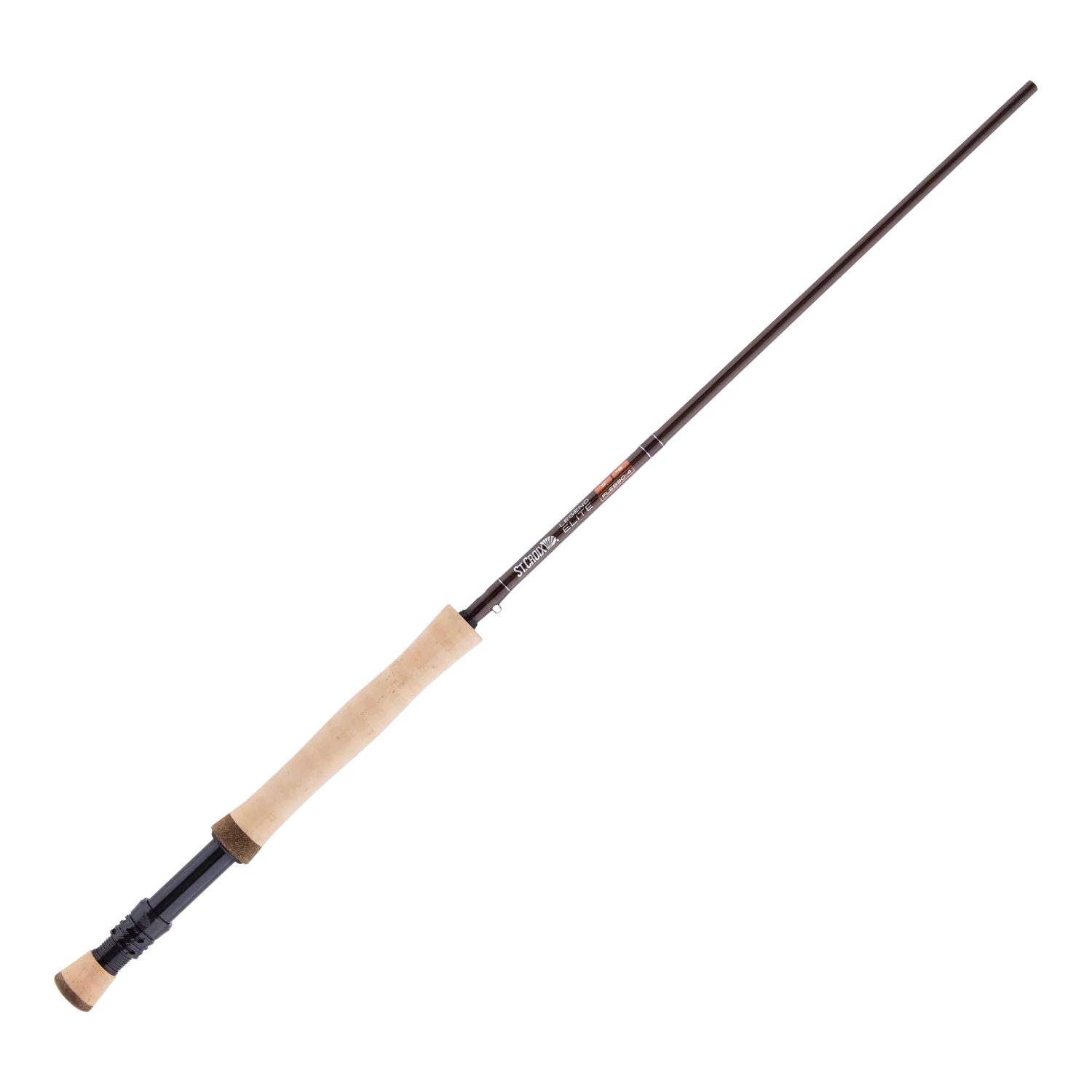 St. Croix Legend Elite Fresh Fly Rod featuring a sleek brown graphite body, cork handle, and metal reel seat designed for precision fly fishing.