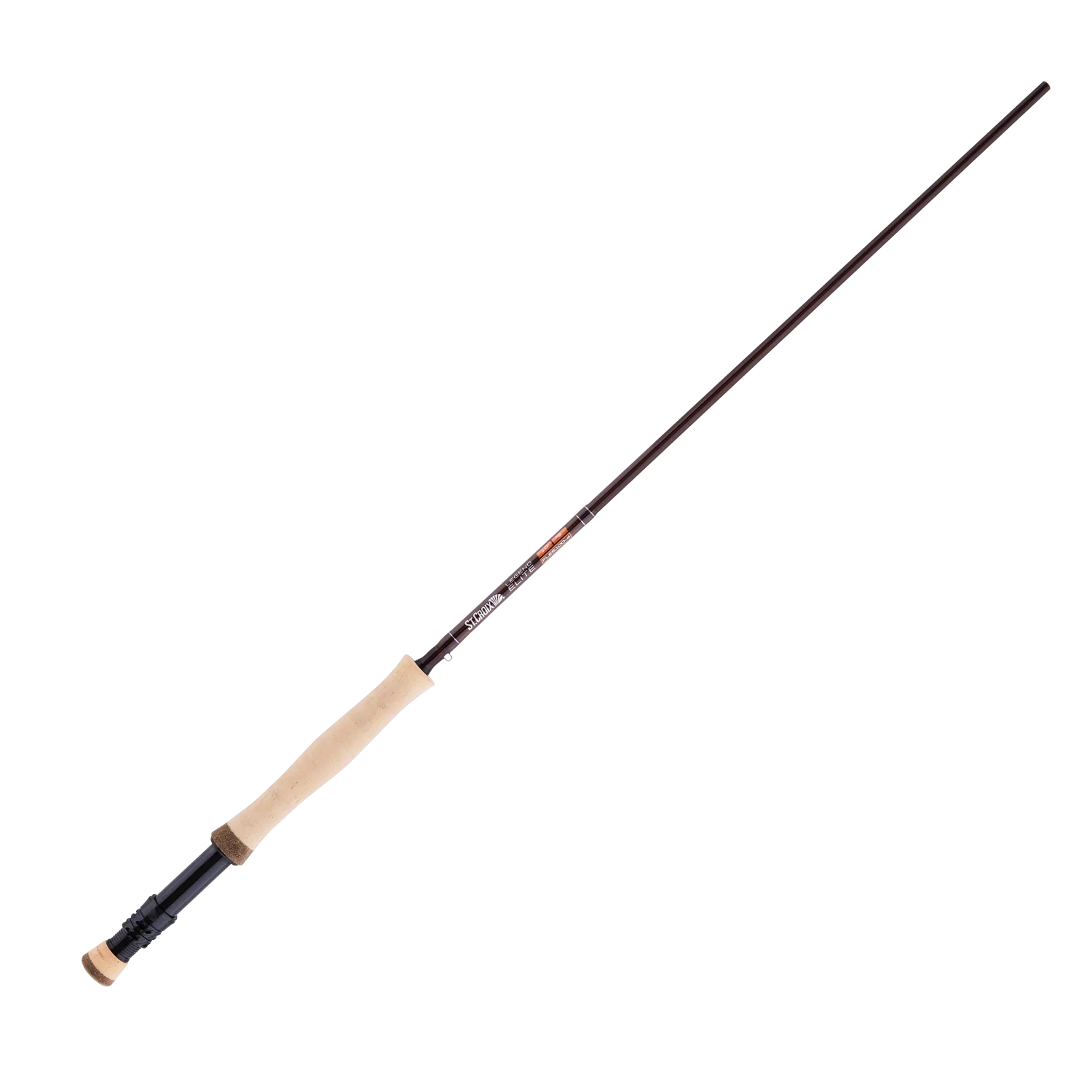 St. Croix Legend Elite Fresh Fly Rod with a light cork handle and sleek dark brown blank, designed for precision fly fishing and high performance in freshwater environments.