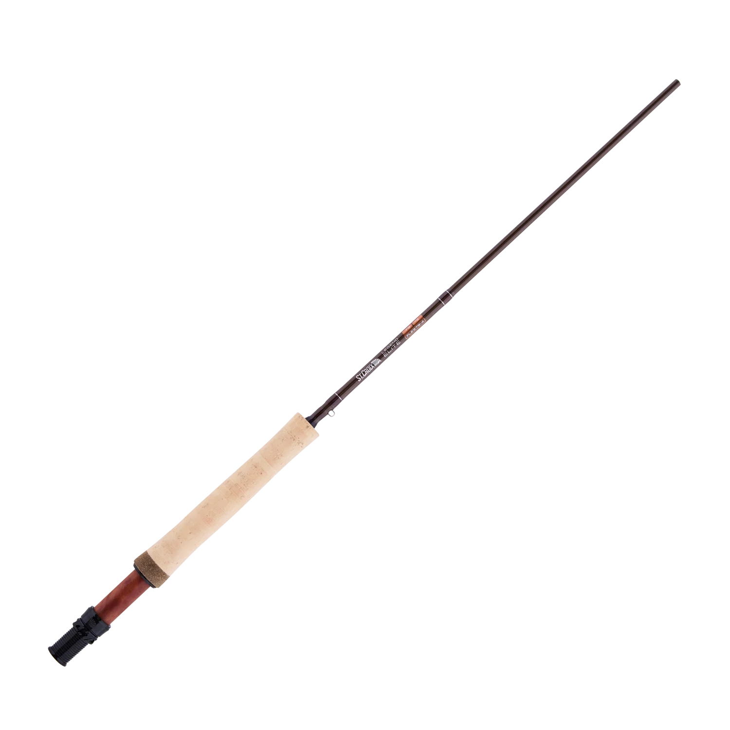 St. Croix Legend Elite Fresh Fly Rod featuring a cork handle, dark brown blank with subtle pattern accents, designed for precision fly fishing and high performance.
