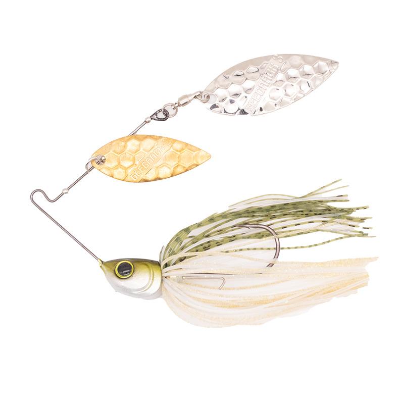Geecrack G Blade Spinnerbait with dual hammered metal blades, silver and gold, and a detailed fish head, featuring a green and white silicone skirt for fishing tackle.