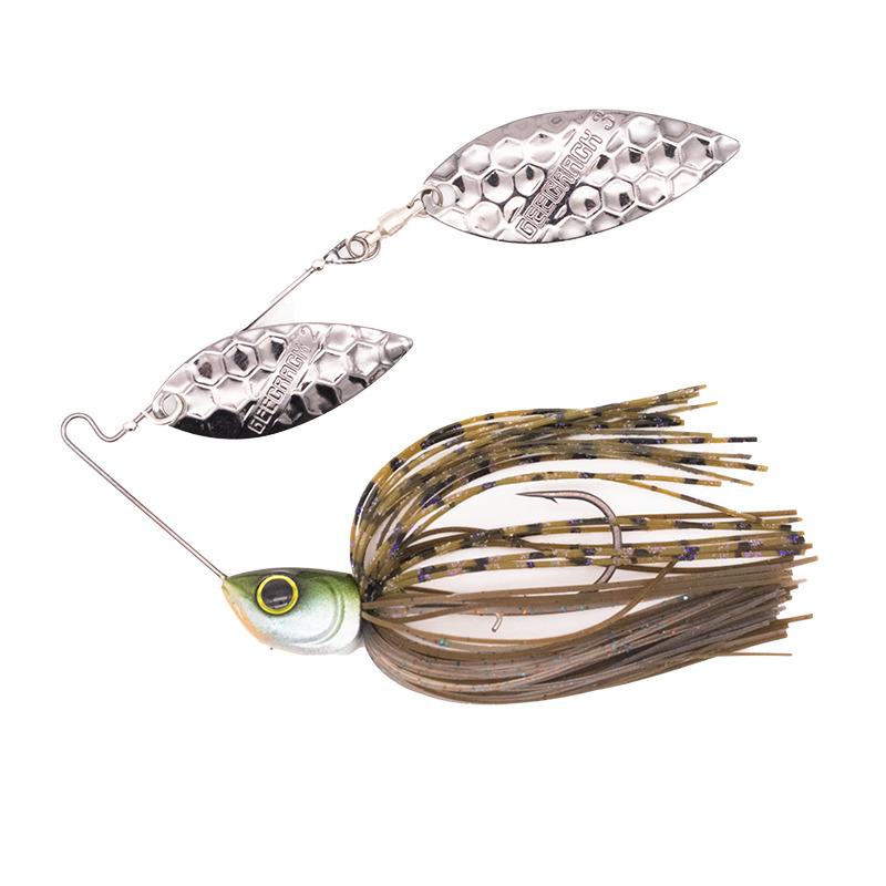Geecrack G Blade Spinnerbait featuring a detailed fish-shaped head, two silver hammered spinner blades, and a multi-colored skirt designed for effective fishing lure action.