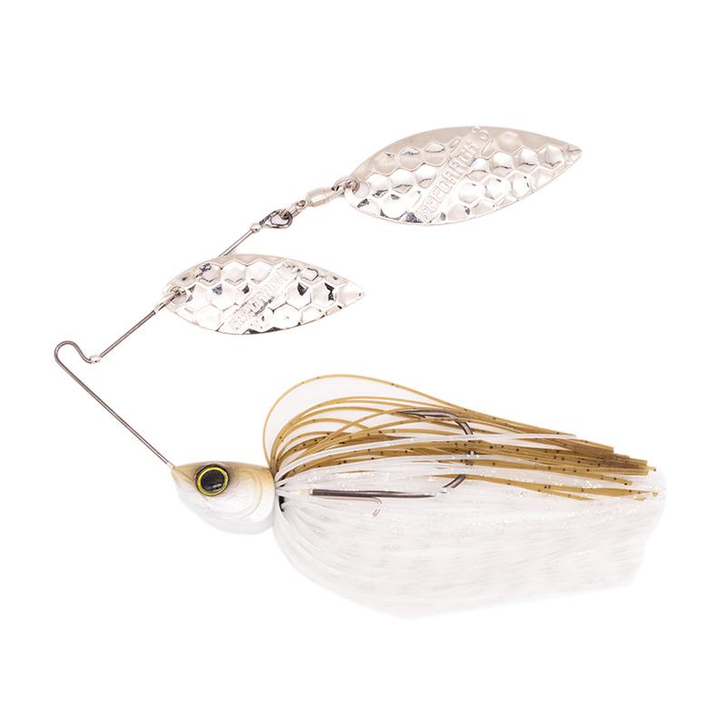 Geecrack G Blade Spinnerbait featuring two textured silver blades, a lifelike white and tan skirt, and a detailed head with a realistic eye for fishing tackle use.