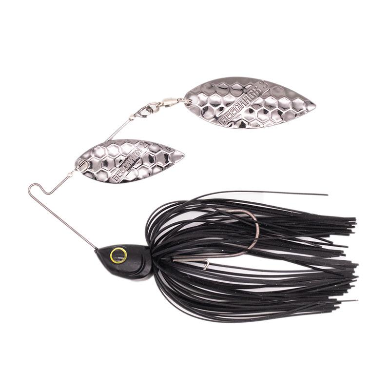Geecrack G Blade Spinnerbait with a black skirt, two silver textured blades, and a sharp fishing hook designed for effective fishing tackle use.