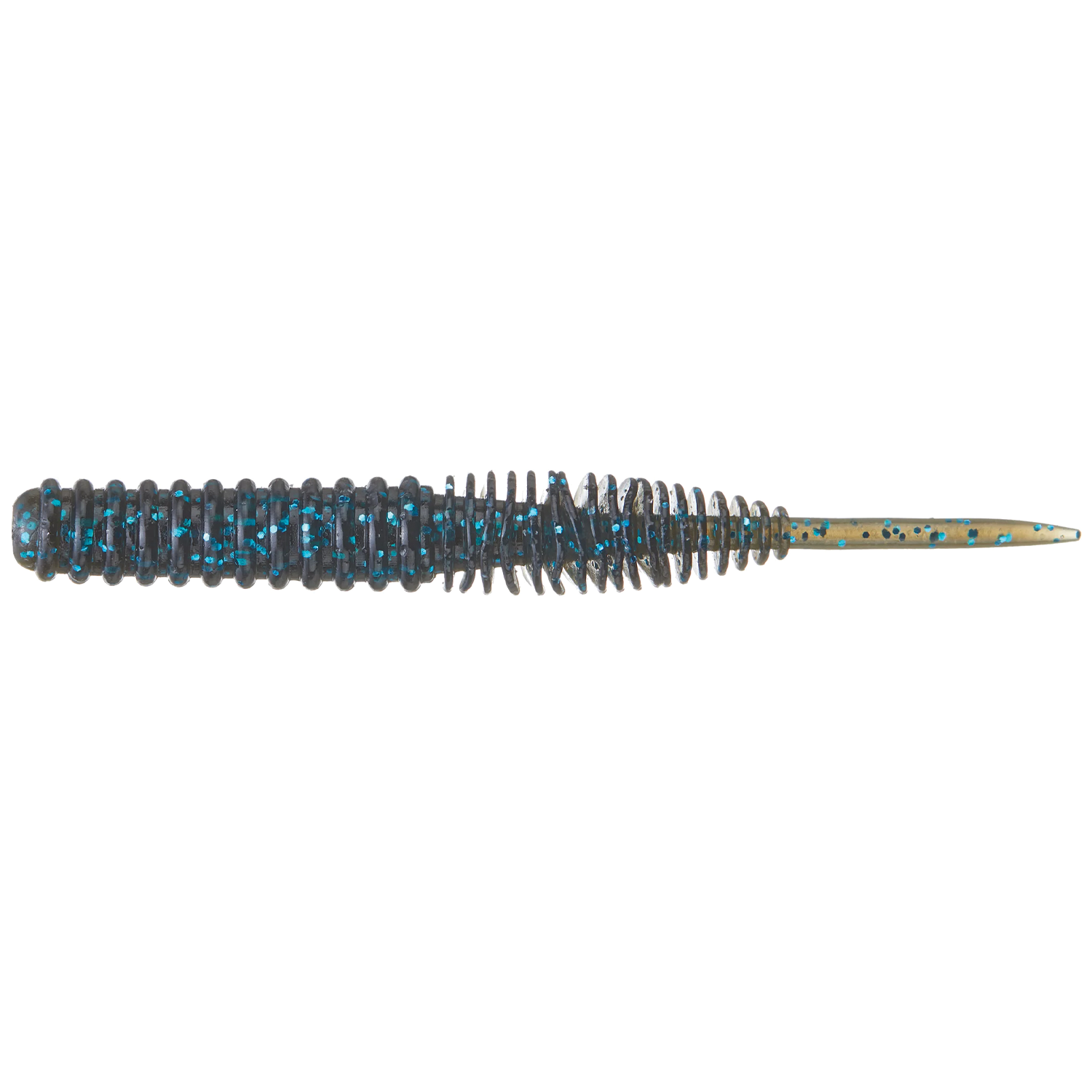 Fishing lure with blue and black pattern on a white background