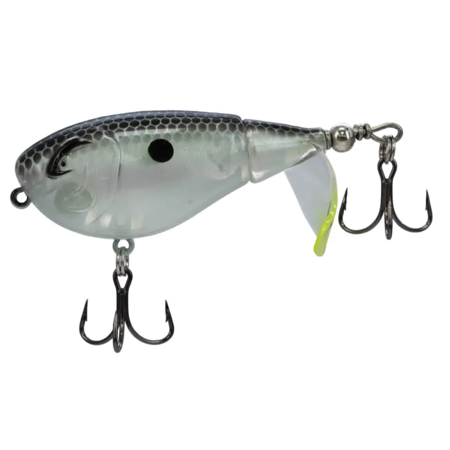 Bill Lewis Baby Bubbler 55 fishing lure with a segmented body, clear and dark scale pattern, and two treble hooks designed for effective musky fishing.