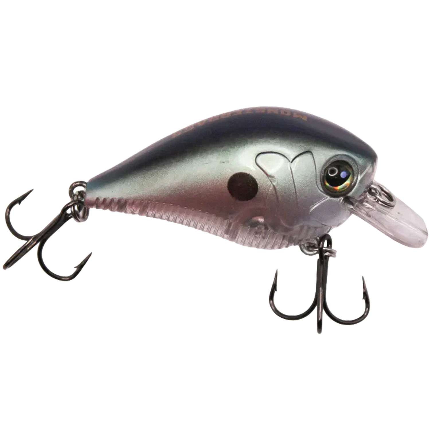 Monsterbass Little Banger fishing lure in metallic silver and purple hues with two treble hooks designed for freshwater fishing tackle.