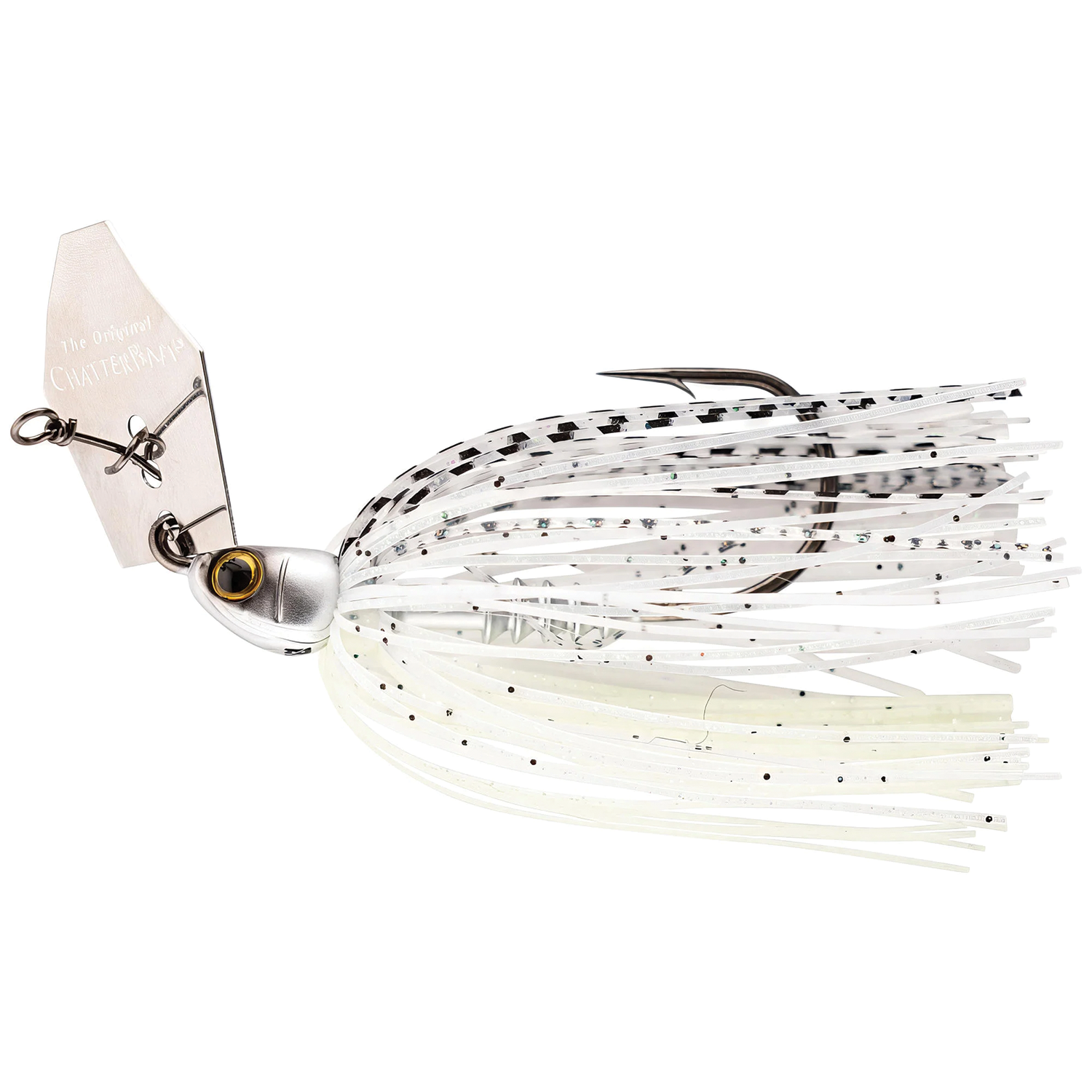 Z-Man Chatterbait PZ2 fishing lure with a silver blade, lifelike yellow and black eye, and white skirt with black speckles designed for freshwater fishing tackle.