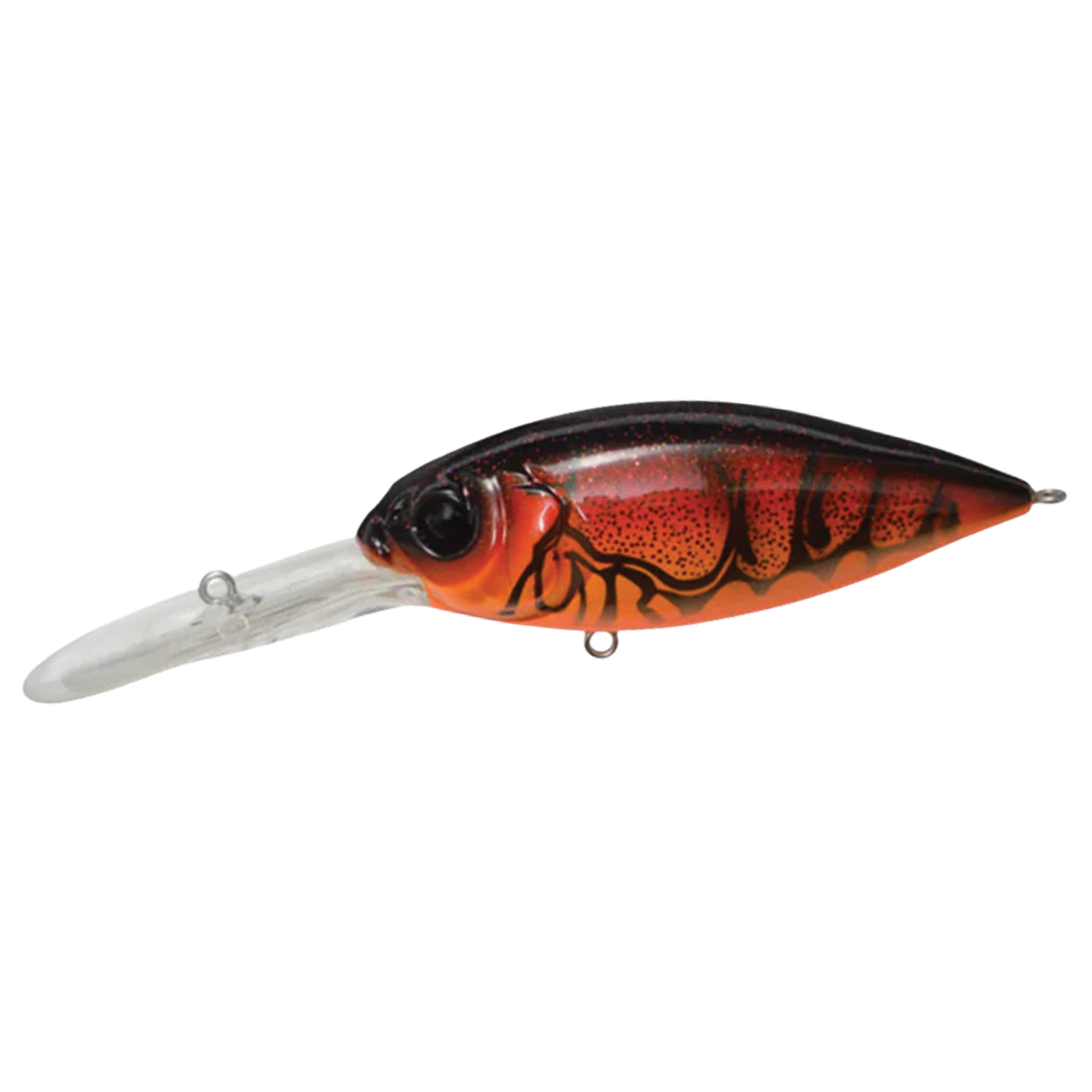 Megabass Deep-X 300 fishing lure with an extended clear lip, featuring a detailed orange and black body designed to imitate prey for musky fishing.
