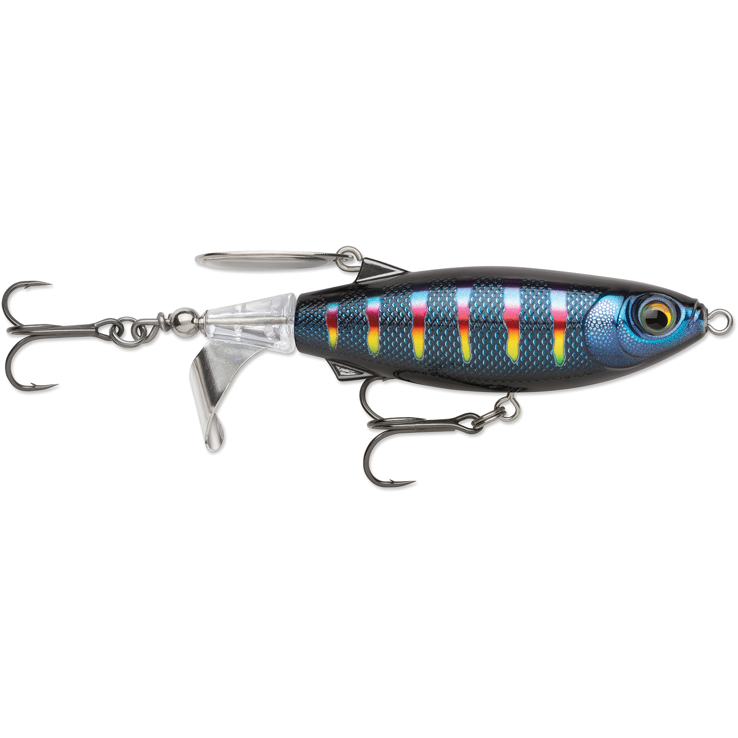 Rapala Claptail 110 fishing lure with a blue and black patterned body, red and yellow accents, detailed eyes, two treble hooks, and a clear plastic tail fin.