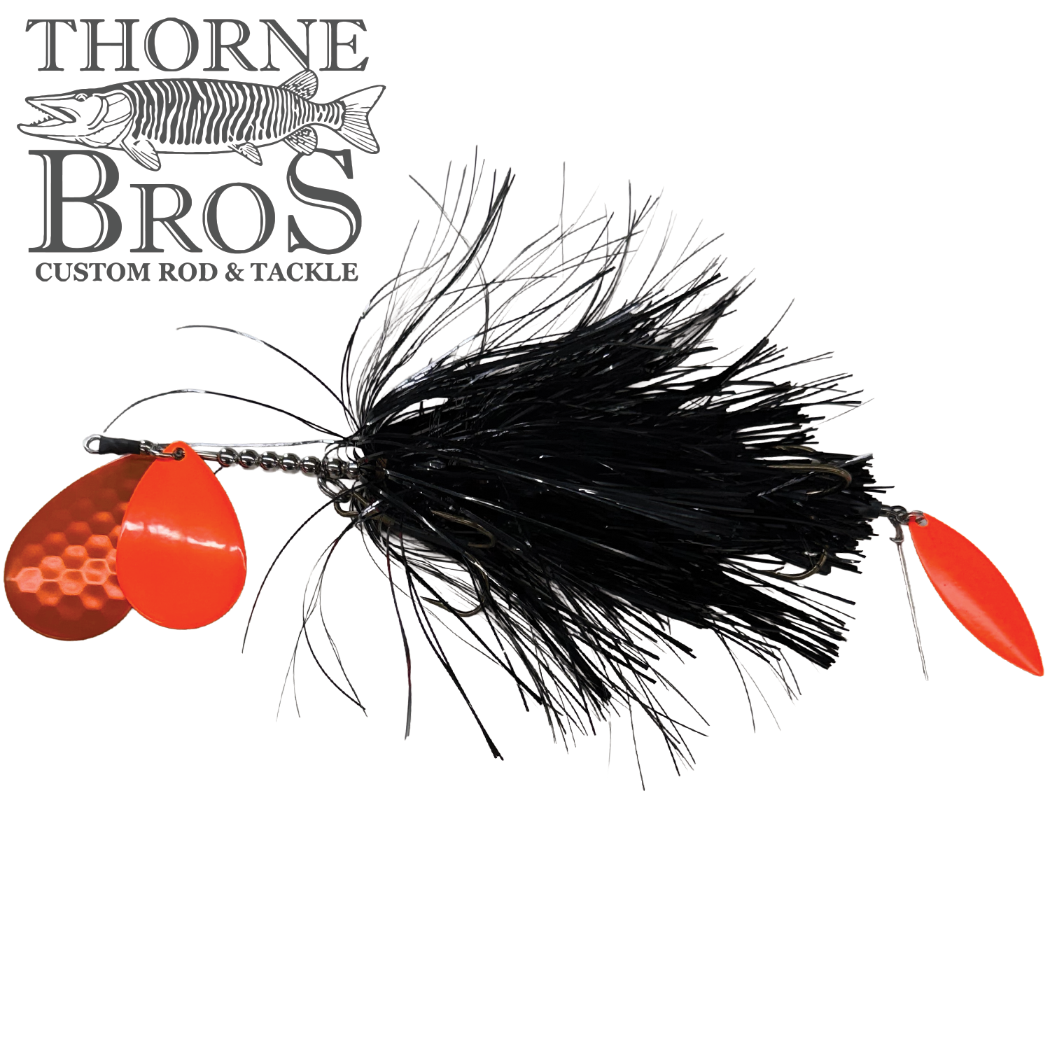 Hunsy Tails 8/9 Banger fishing lure featuring black feathered body with two shiny orange spinner blades designed for musky fishing tackle.
