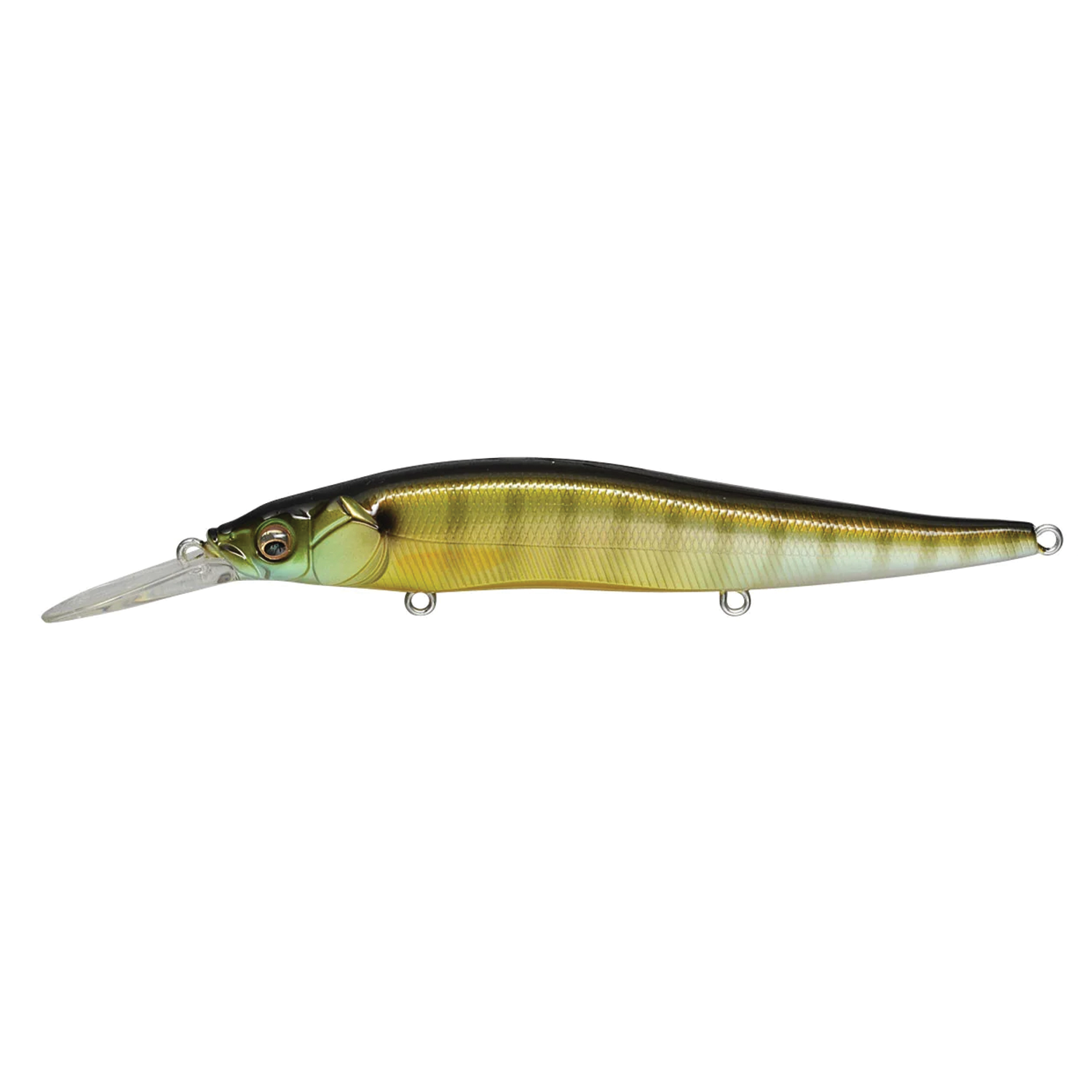 Megabass Vision 110+1 fishing lure with a sleek, elongated body featuring a realistic green and gold fish pattern and a clear diving lip for deep water fishing.