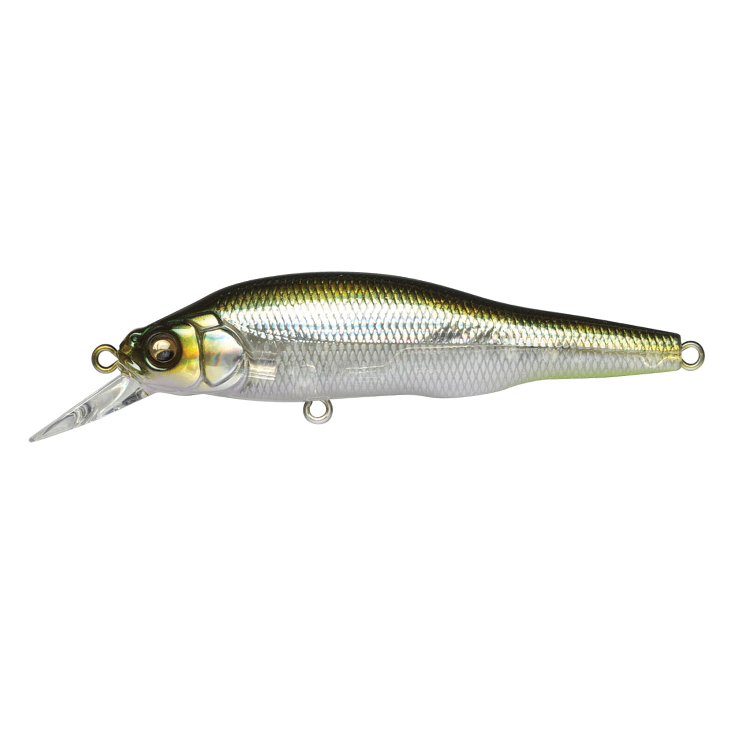 Megabass X-80 Trick Darter fishing lure with a shiny, reflective silver and green body designed to imitate baitfish, featuring a clear diving lip and attachment rings for hooks and line.