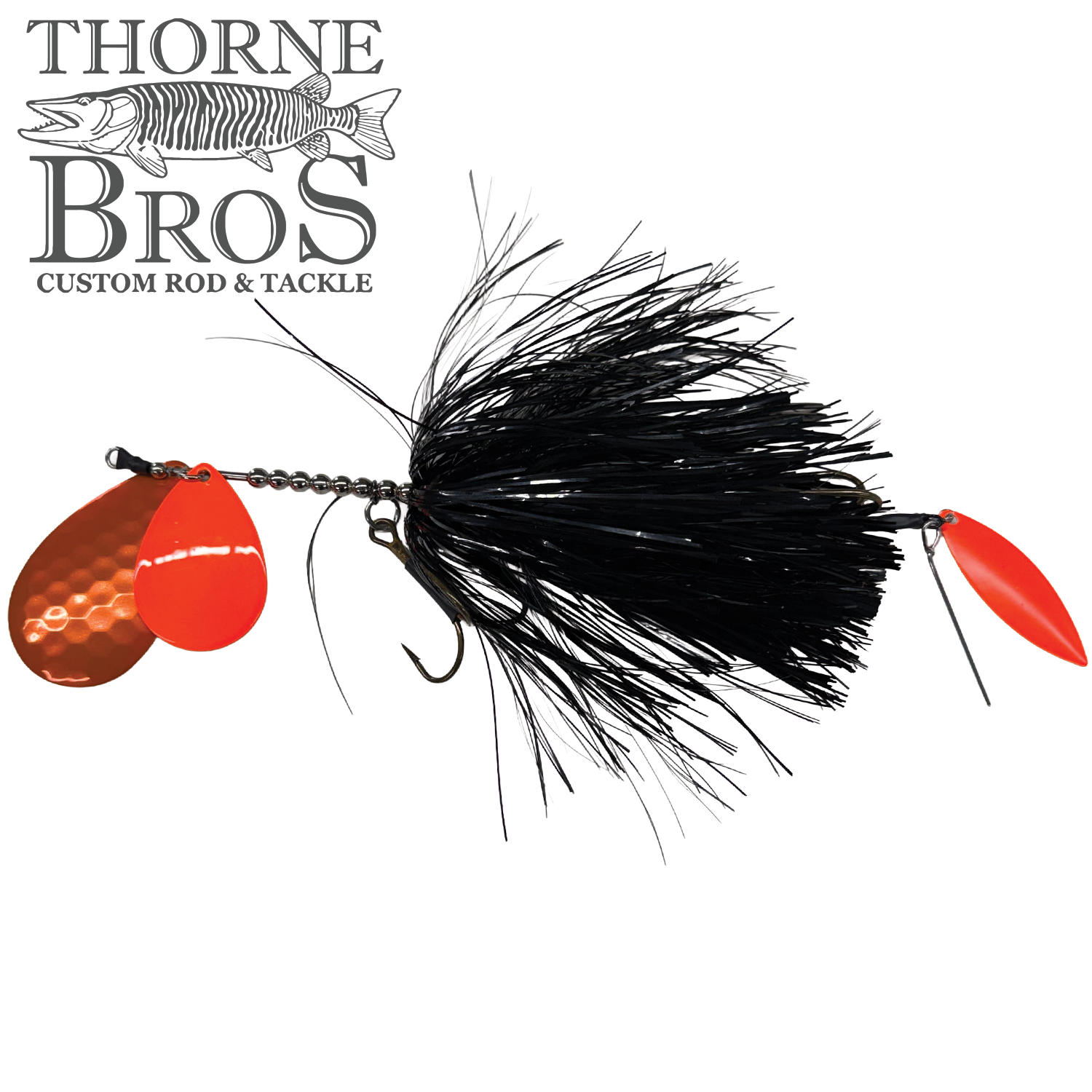 Hunsy Tails 8/10 Banger fishing lure featuring black synthetic fibers and two bright orange spinner blades designed for musky fishing tackle.