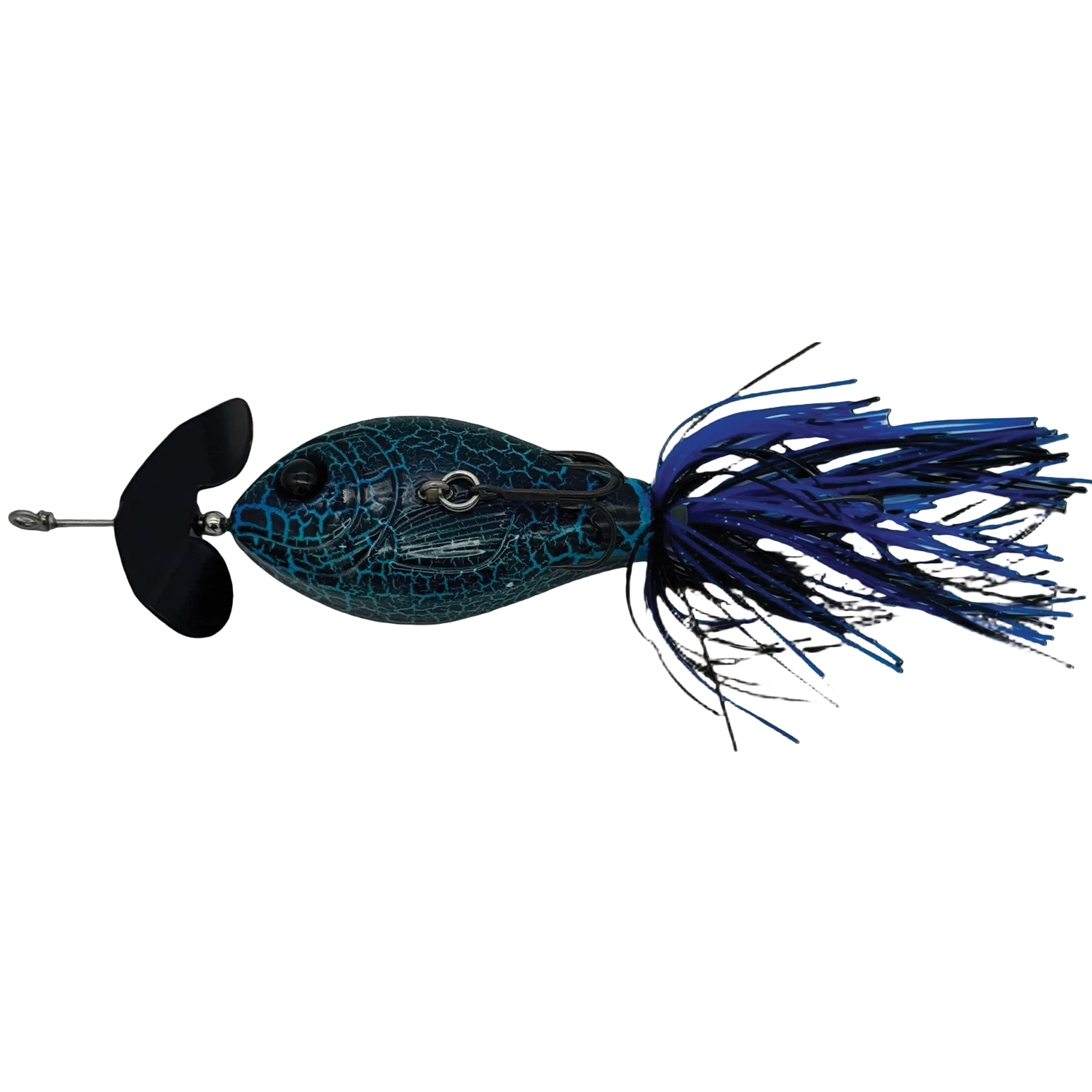 Fishing lure with blue and black details on a white background