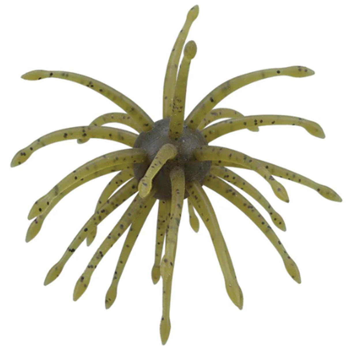 Yamamoto Uni Max fishing lure designed with multiple flexible greenish tentacles speckled with black, resembling a small aquatic creature for attracting fish.
