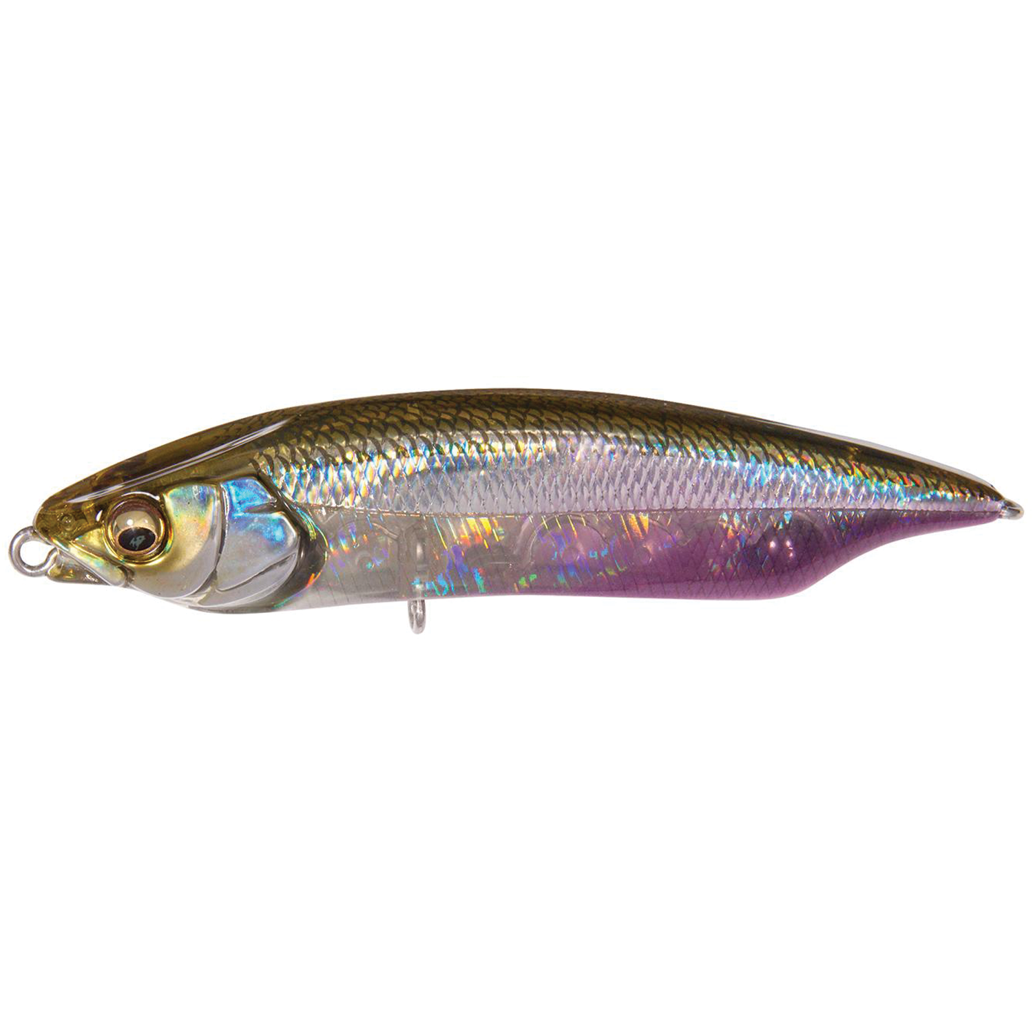 Megabass Karashi 80 fishing lure with a realistic fish design in iridescent shades of gold, silver, and purple, ideal for fishing tackle and casting.