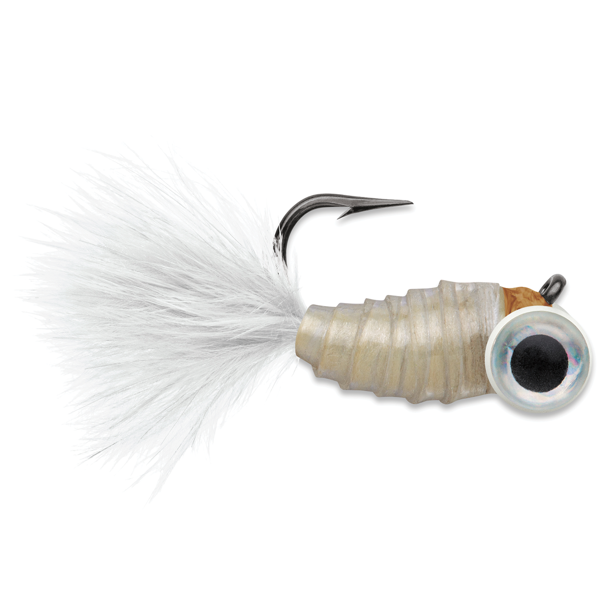 VMC Tungsten Gym Jig with white feather tail ribbed natural body oversized 3D eye and exposed hook for fishing tackle and lures