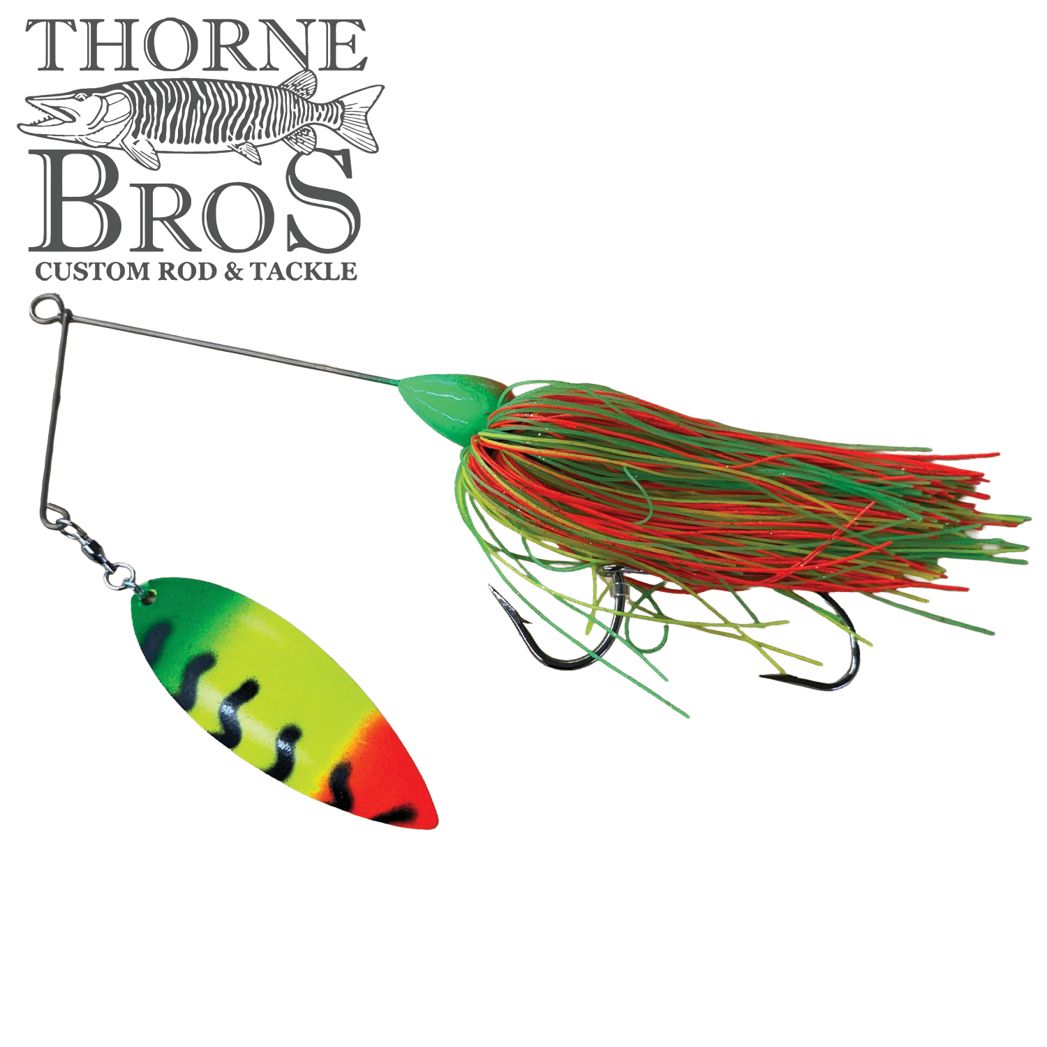 CJ'S Large Silicone (Willow Blade) fishing lure featuring a vibrant green, yellow, and red silicone skirt with two treble hooks and a colorful willow blade spinner for musky fishing.
