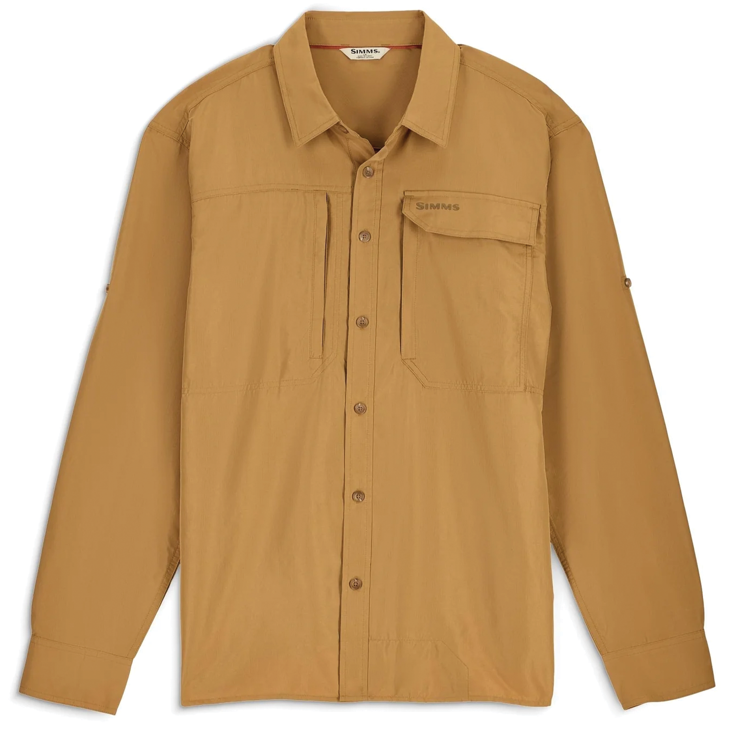 Simms Guide Shirt - Men's in tan color, long-sleeve fishing shirt with button front closure, chest pockets including one flap pocket with logo, designed for outdoor fishing activities.