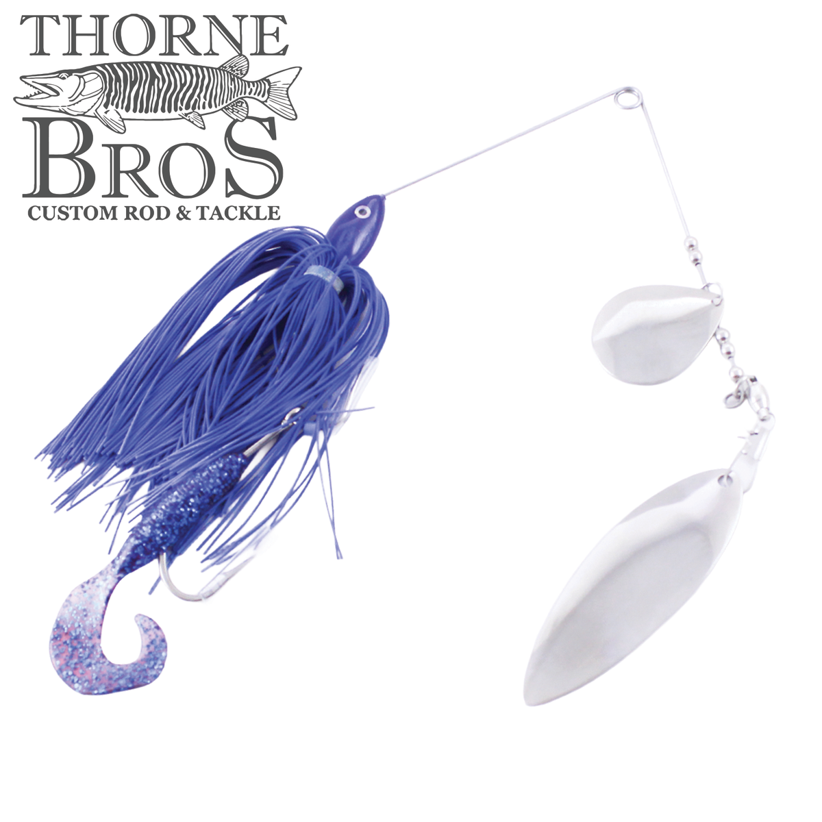 Ace Baits Original Spinnerbait with a blue skirt soft plastic trailer and twin silver spinner blades for fishing tackle