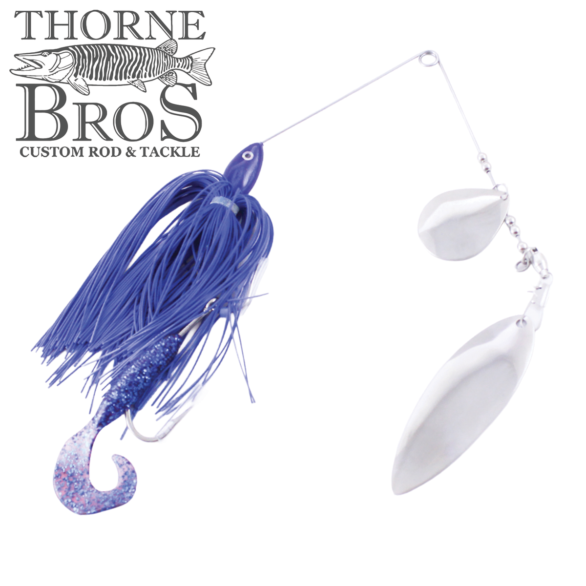 Ace Baits Big Ace Spinnerbait with a blue skirt curly tail and two silver Colorado blades for musky fishing tackle