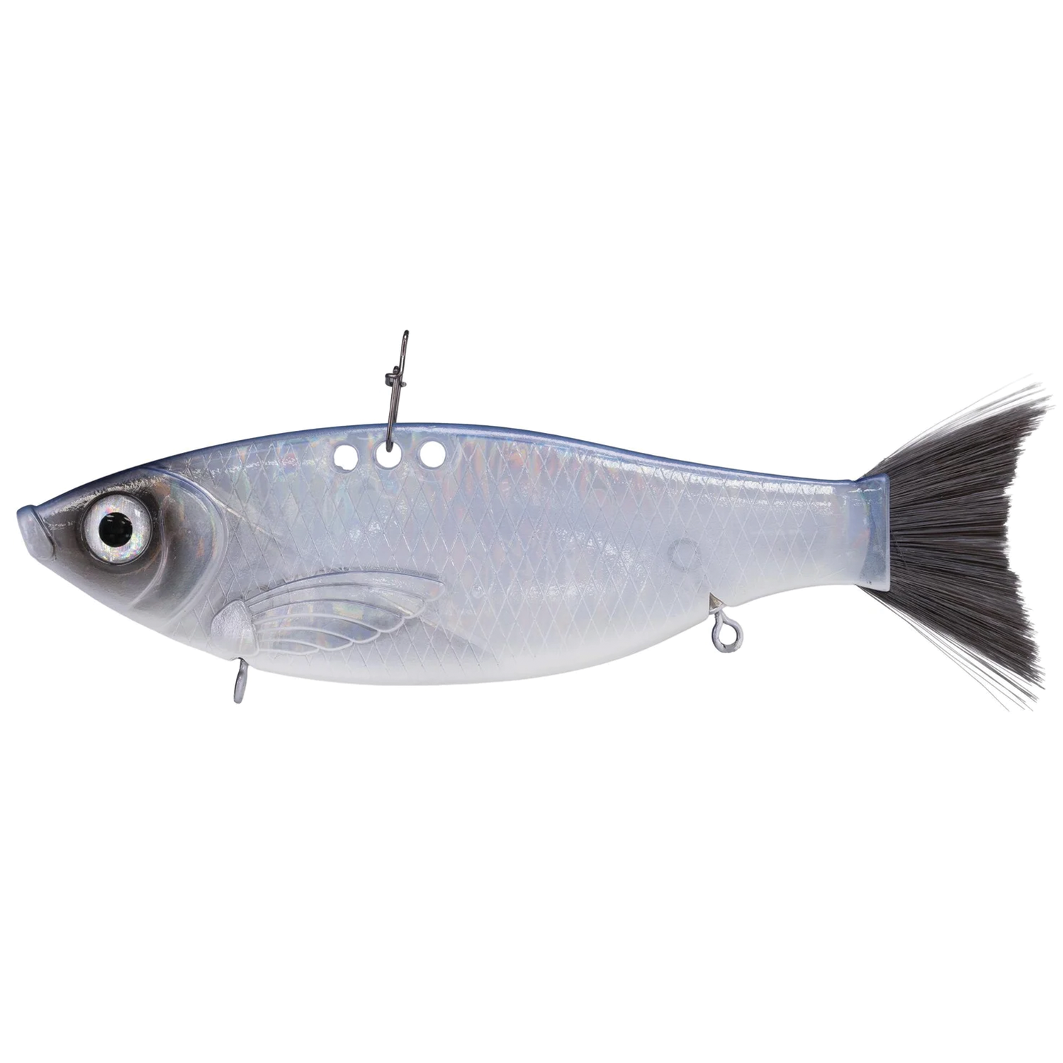 Bill Lewis Big Gizz fishing lure designed to imitate a small fish with a translucent body, realistic eyes, and a soft tail for lifelike movement in water.