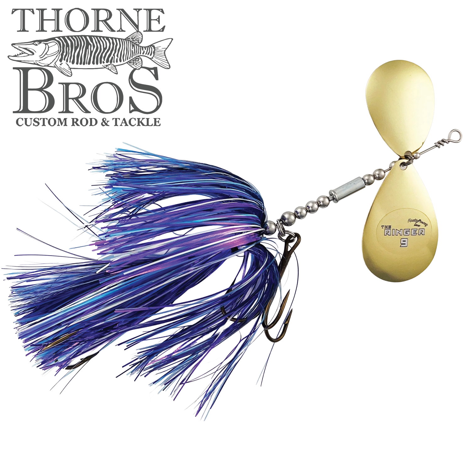 Musky Frenzy The Ringer 9 fishing lure with metallic gold twin blades and vibrant purple and blue skirt, designed for musky fishing by Thorne Bros Custom Rod & Tackle.