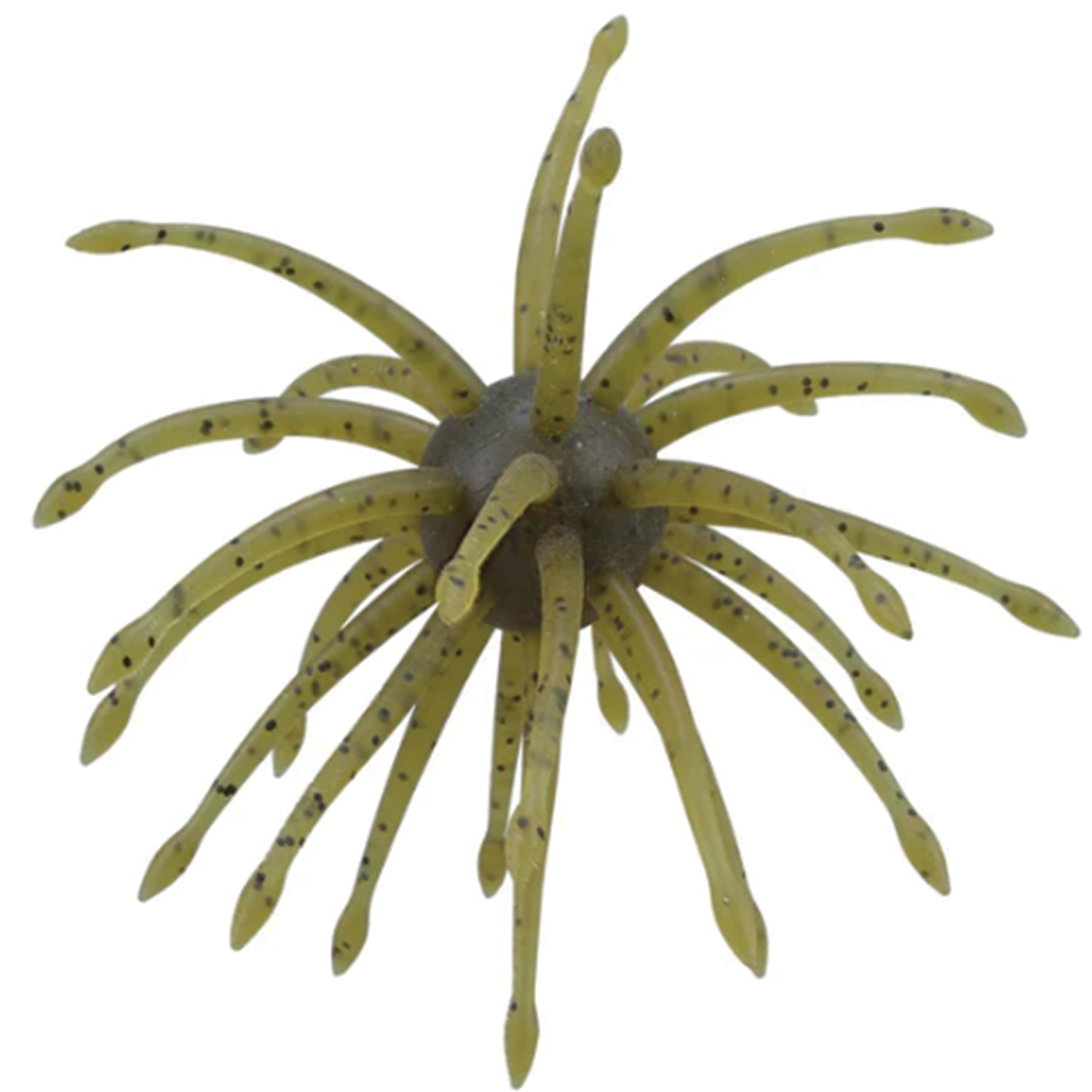 Yamamoto Uni Mas fishing lure with multiple soft, greenish-yellow flexible appendages speckled with black, designed to imitate aquatic prey for effective fishing tackle.