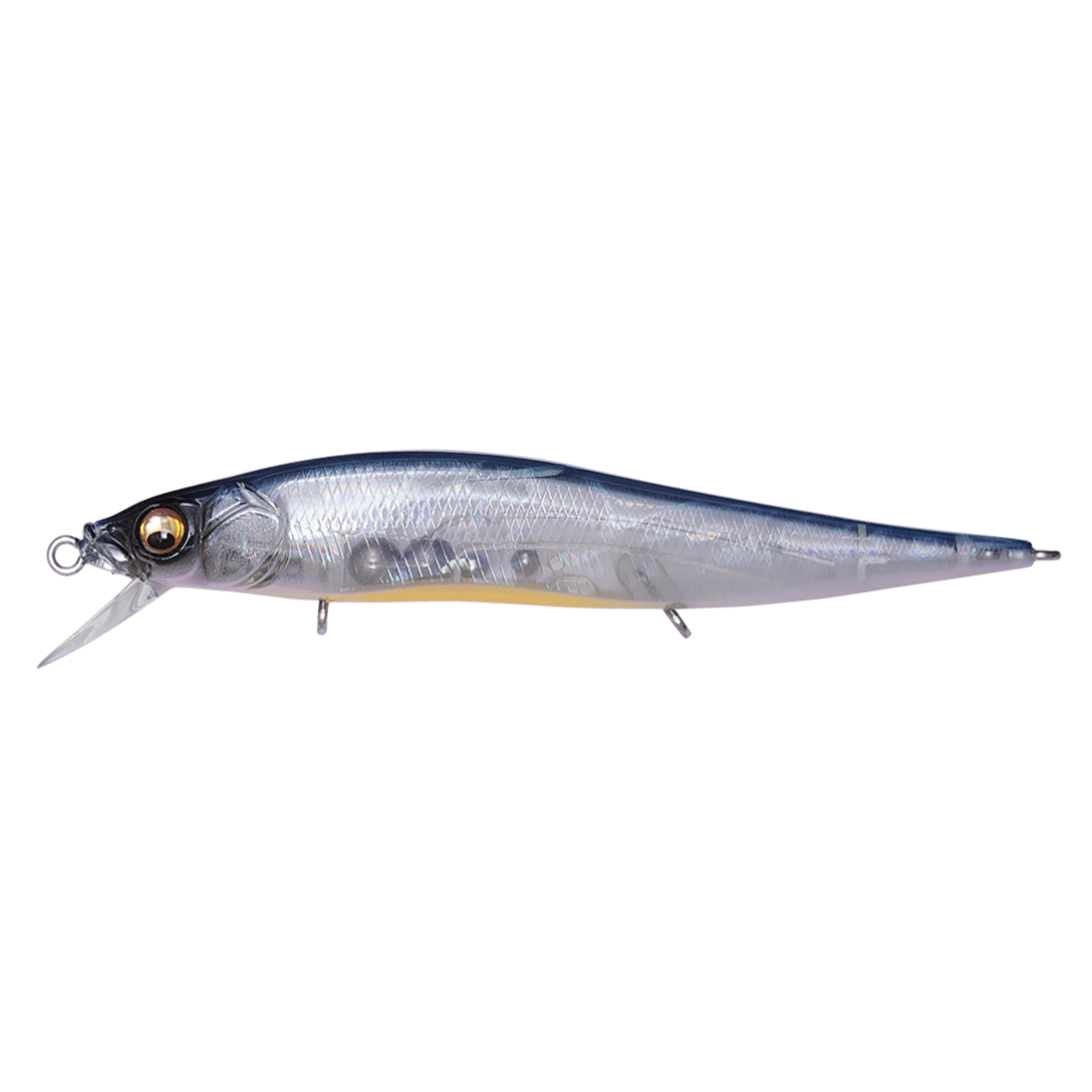 Megabass Vision 110 Jr. fishing lure with a sleek, blue and silver body, detailed eyes, and a clear diving lip designed for precise underwater movement.