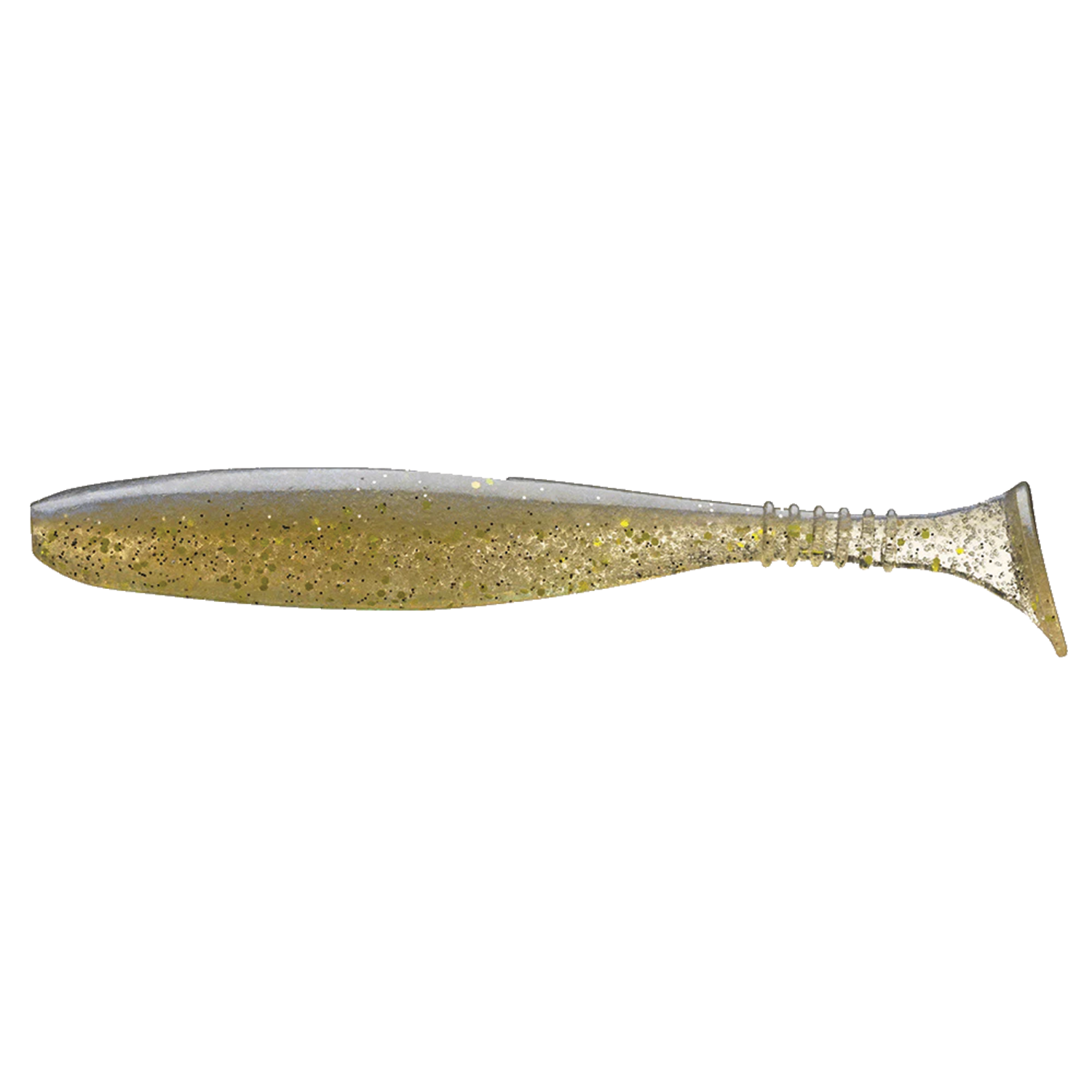 Soft plastic fishing lure in translucent gold with black flecks and a paddle tail designed for use with the Daiwa Tournament D-Fin fishing rods.