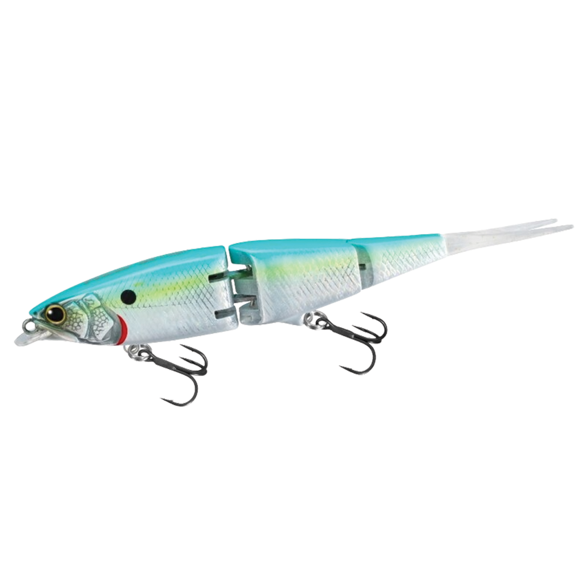 Shimano Facer 85+SF jointed fishing lure with blue, green, and silver body, two treble hooks, designed for effective fishing tackle use.