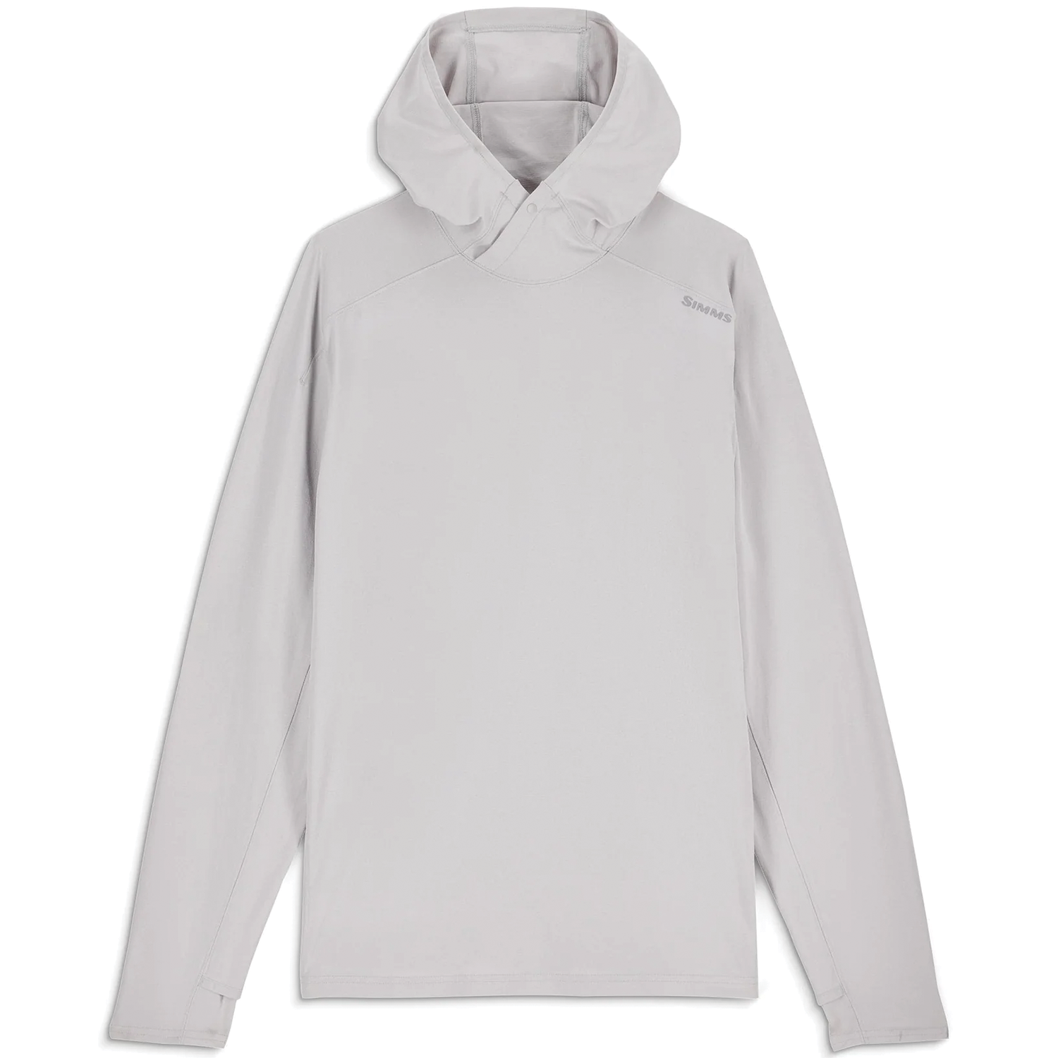 Simms SolarFlex Hoody - Men's (New 2026) in light gray featuring a fitted hood, long sleeves, and breathable, quick-dry fabric designed for fishing and outdoor activities.