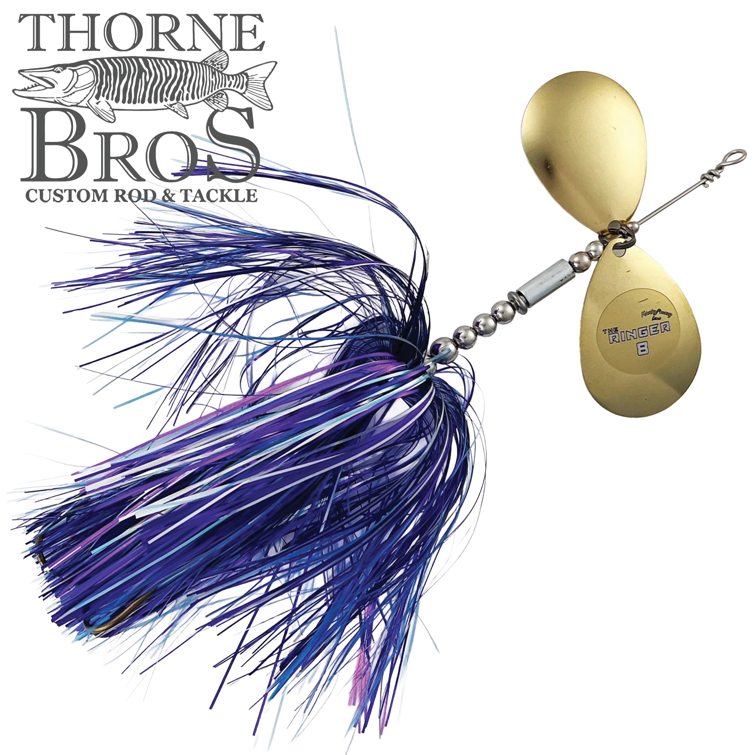 Musky Frenzy The Ringer 8 fishing lure with purple and blue skirt, two gold-colored spinner blades, and detailed bead accents, designed for musky fishing.