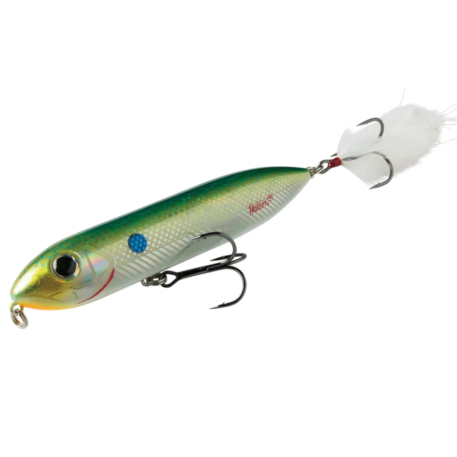 Heddon Super Zara Spook fishing lure with a green and silver body, lifelike eyes, dual treble hooks, and a feathered tail designed for musky and other game fish.