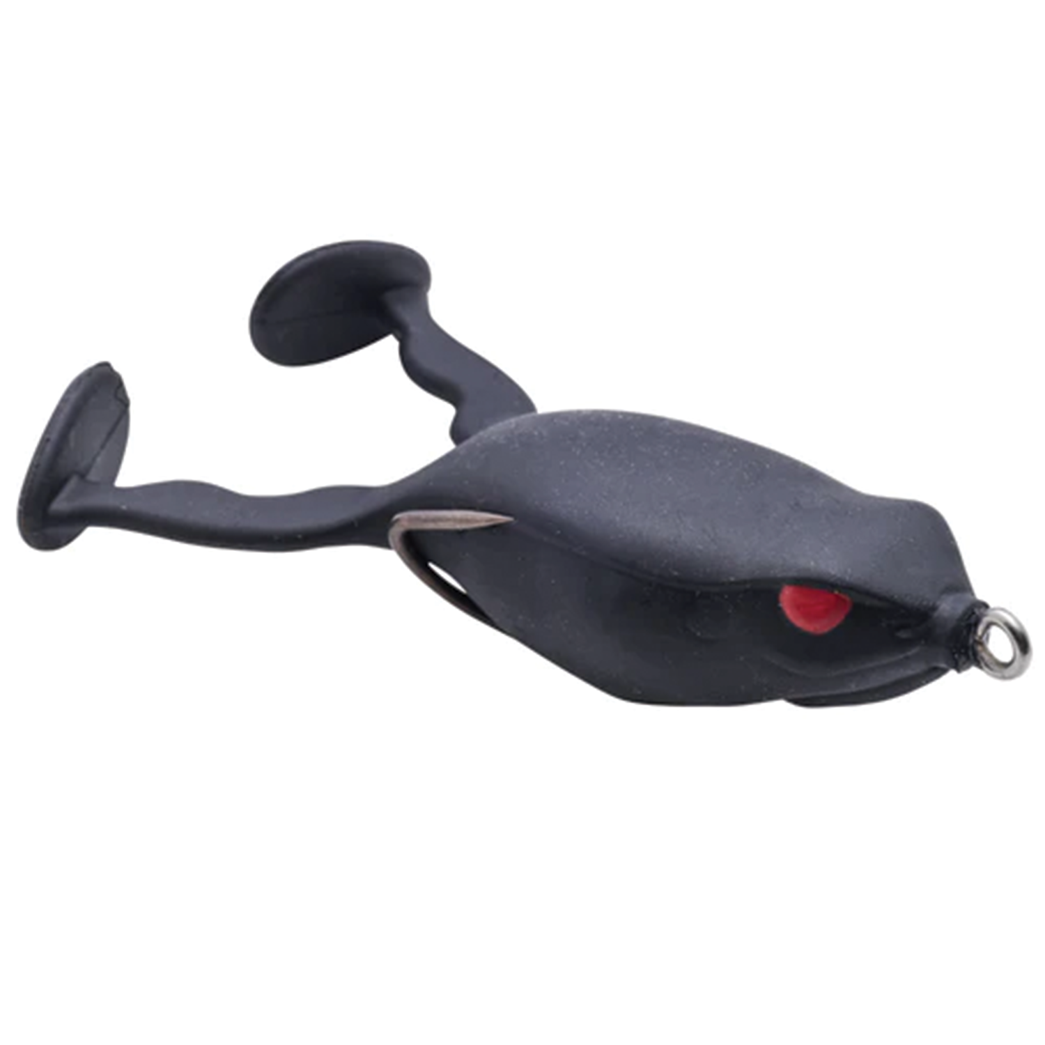 Spro Flappin Frog-65 fishing lure in black with red eyes, designed to mimic a frog with textured legs for realistic movement in water.
