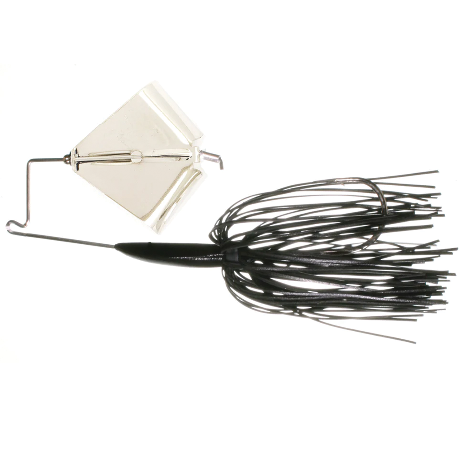 Boogerman Buzzbait fishing lure featuring a shiny metallic buzz blade and black silicone skirt designed for musky fishing tackle.