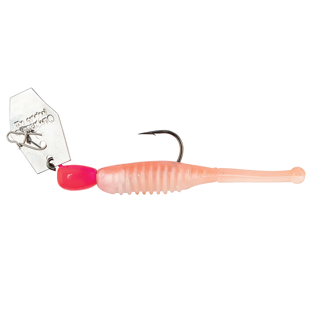 Z-Man Micro Finesse Chatterbait fishing lure with a soft ribbed pink body, sharp single hook, and reflective metal blade for finesse fishing tackle.