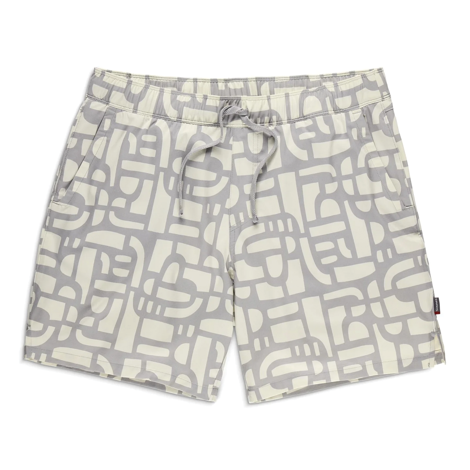 Simms Wanaka Water Short - Men's in light beige with an abstract gray pattern, featuring an adjustable drawstring waist and side pockets for comfortable fishing or outdoor use.
